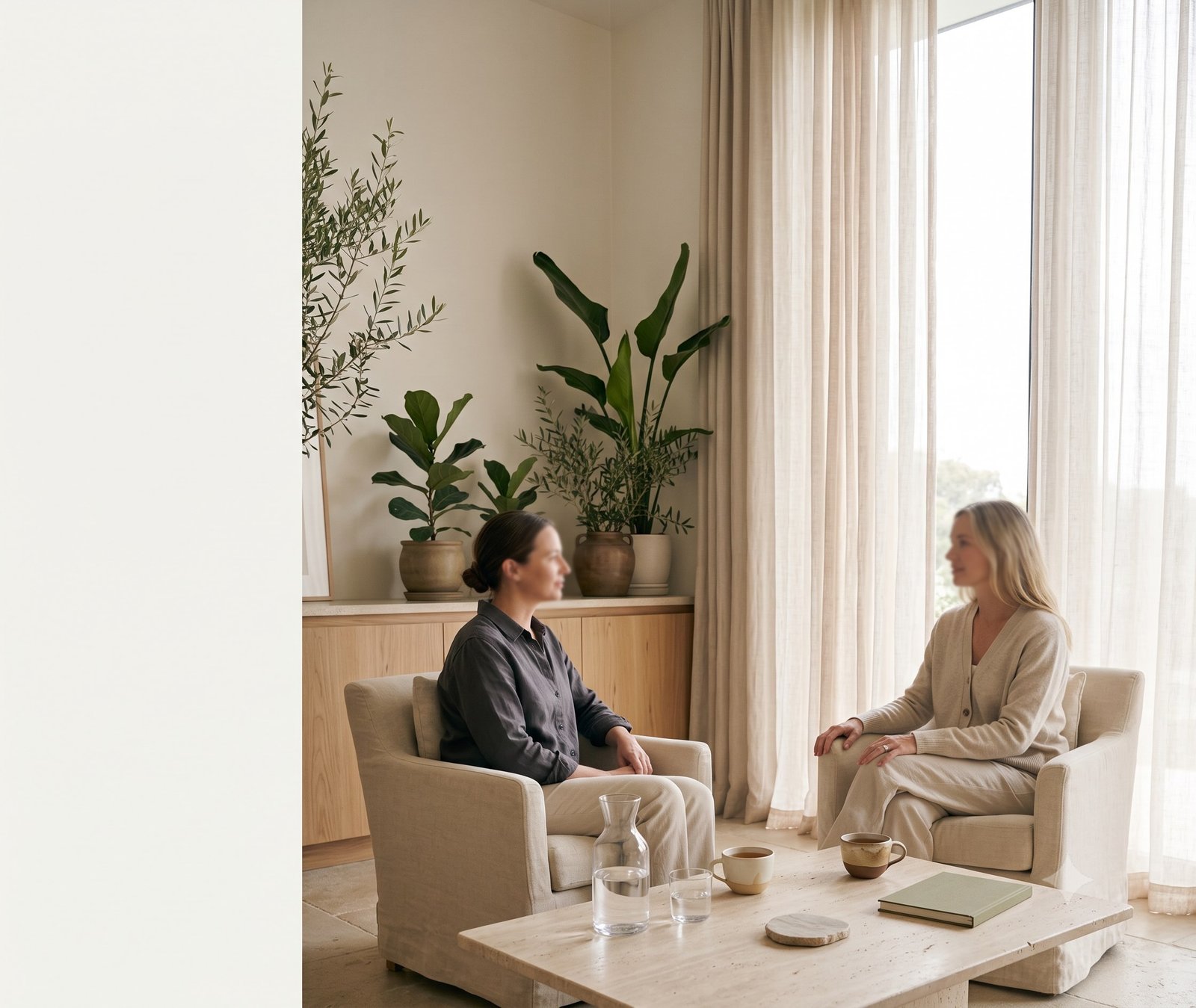 Two people having a private wellbeing consultation in a calm, light-filled lounge.