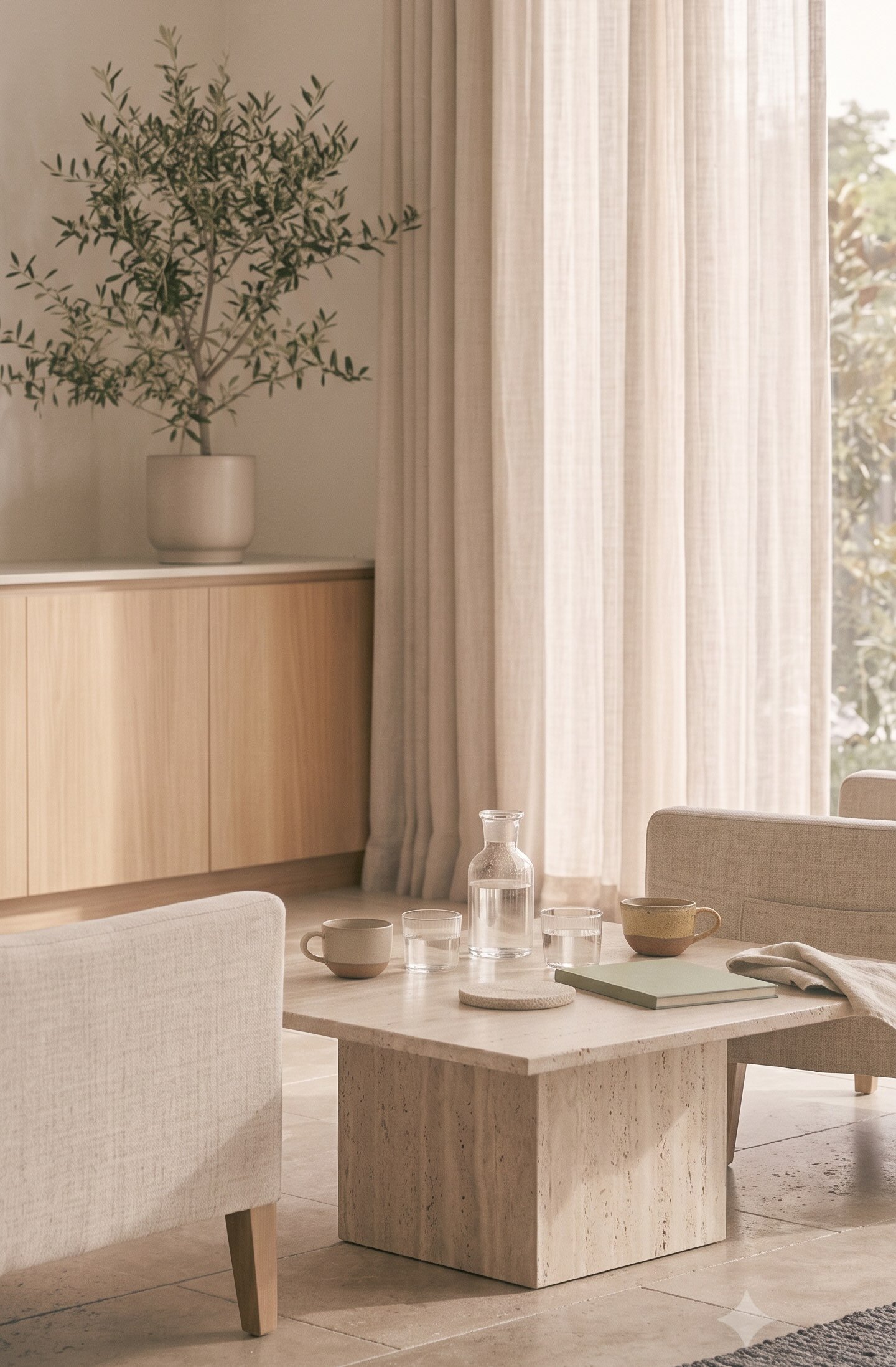 A private consultation room with two linen chairs, tea and soft morning light.