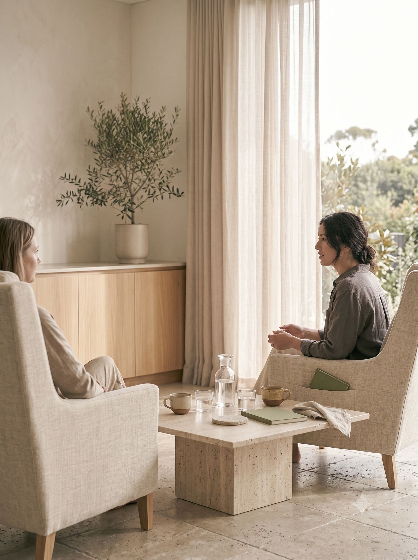 Two people in a calm private conversation in a light-filled wellbeing lounge.