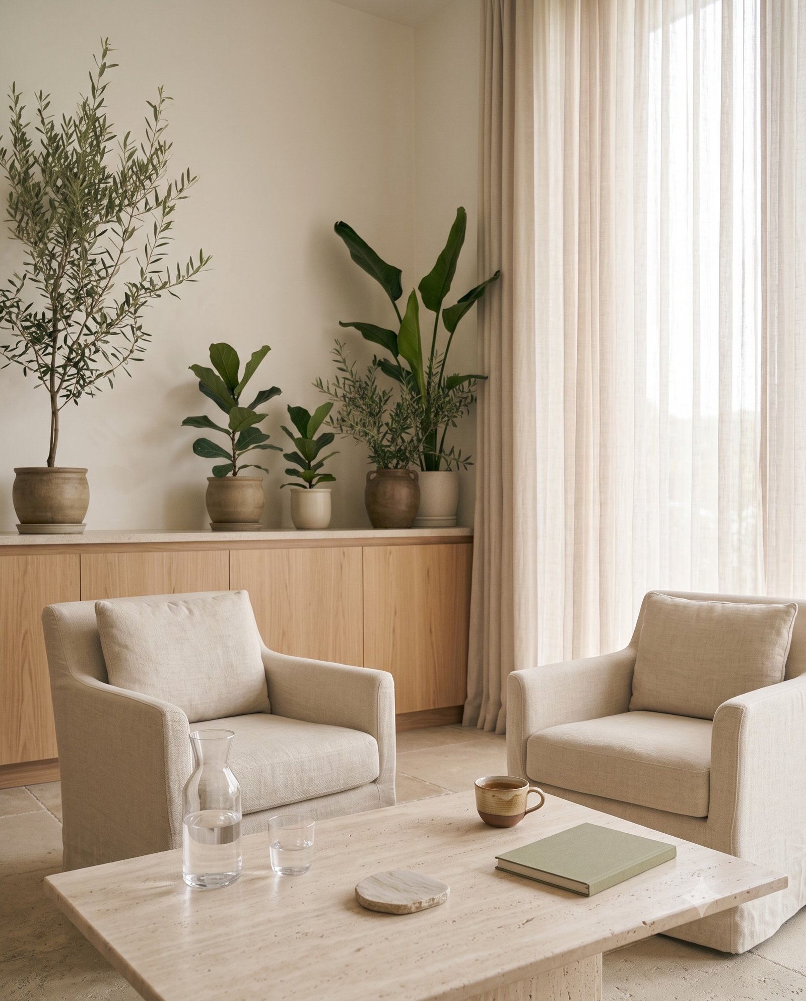 Two linen chairs prepared for a private wellbeing consultation with tea and water.
