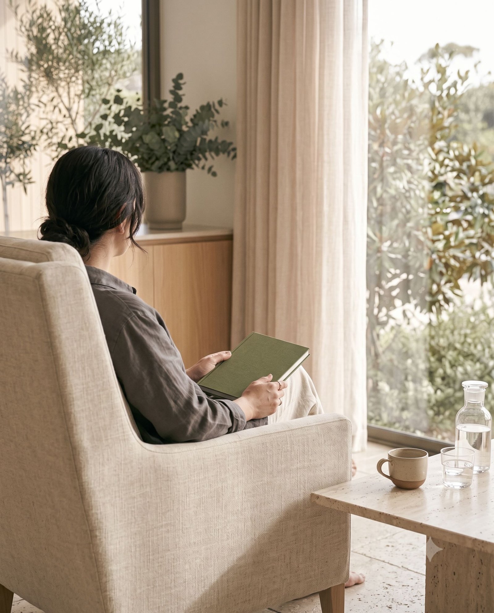 A person reflecting with a notebook beside a window after a private wellbeing consultation.