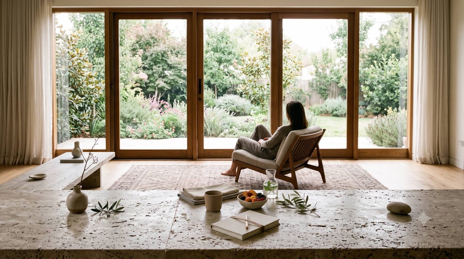 prana-prive-experiences-considered-whole Tea, water, linen, fruit, and a notebook arranged in a calm sunlit room, representing a thoughtfully composed wellbeing experience.