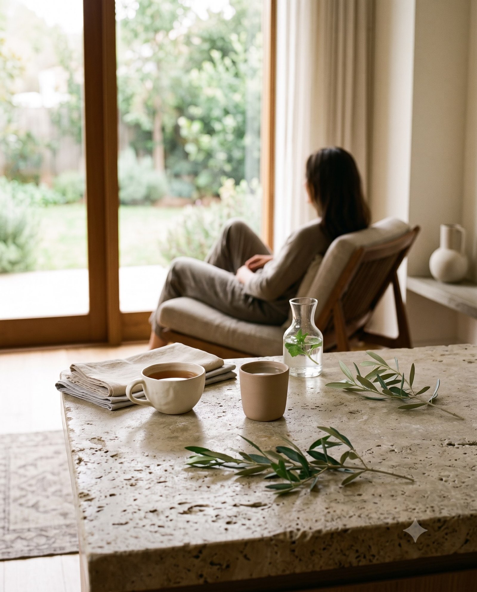 prana-prive-experiences-private-wellbeing-hero A calm private wellbeing setting with tea, linen, water, and natural textures in soft daylight.