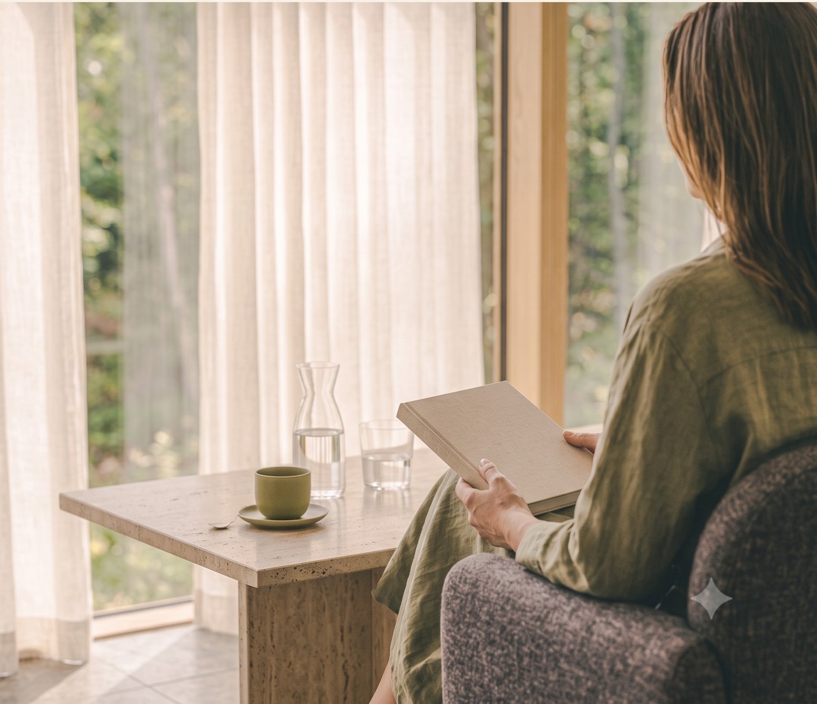 A person reflecting beside a window with a notebook after a private wellbeing consultation.