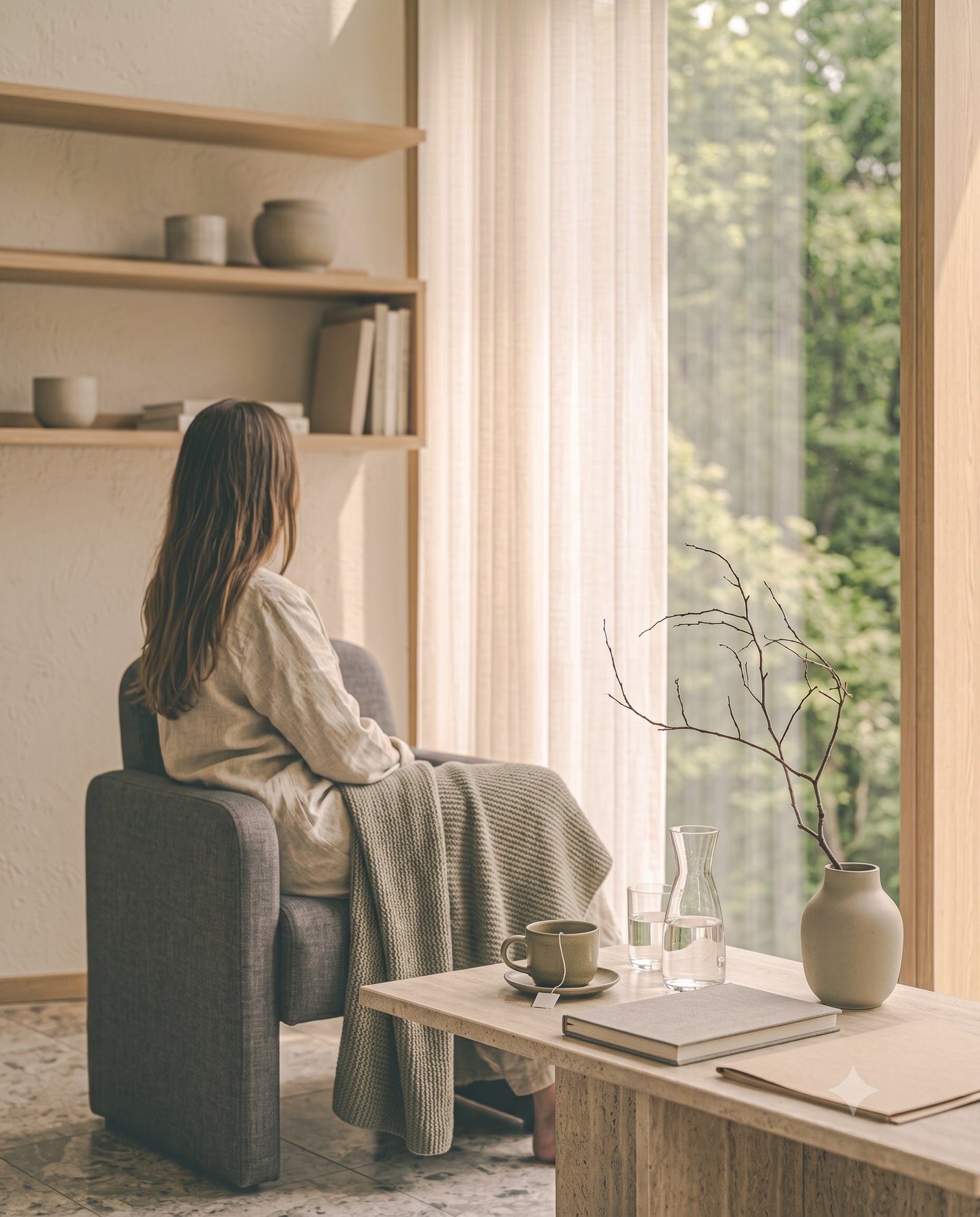 A person enjoying tea beside a window in a quiet private wellbeing lounge.