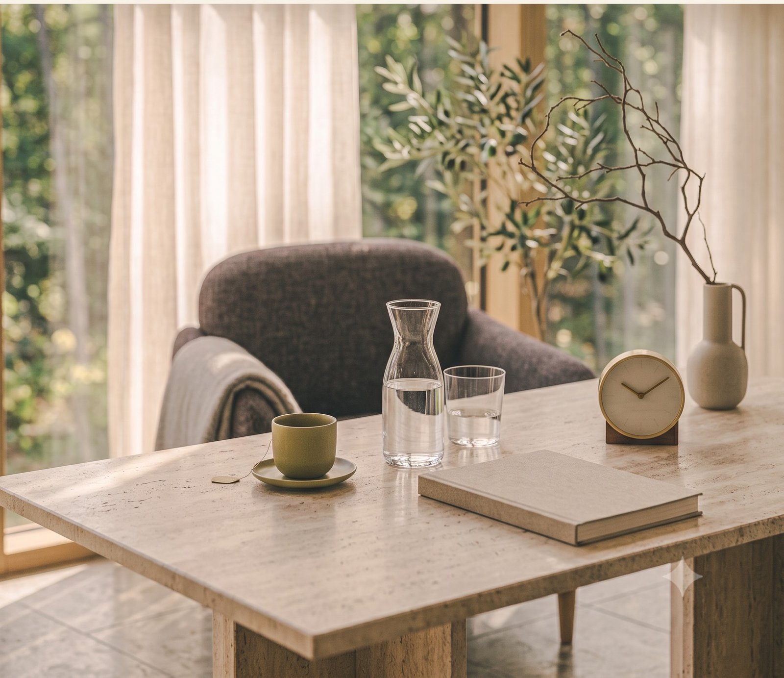 Tea, water, a notebook and an analogue clock arranged in a quiet consultation setting.