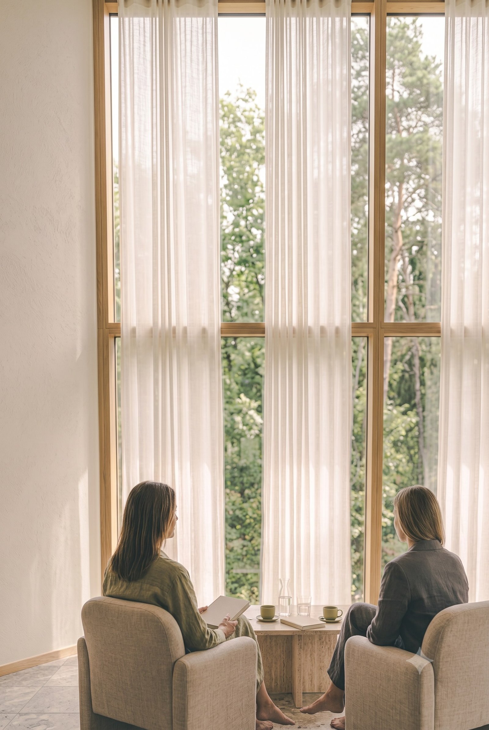 Two people having a private health and wellbeing consultation in a softly lit lounge.