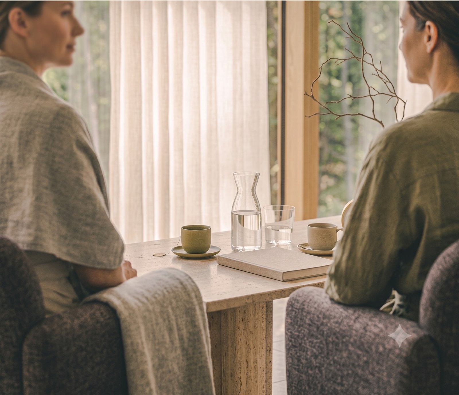 Two people in a calm private consultation over tea and water.