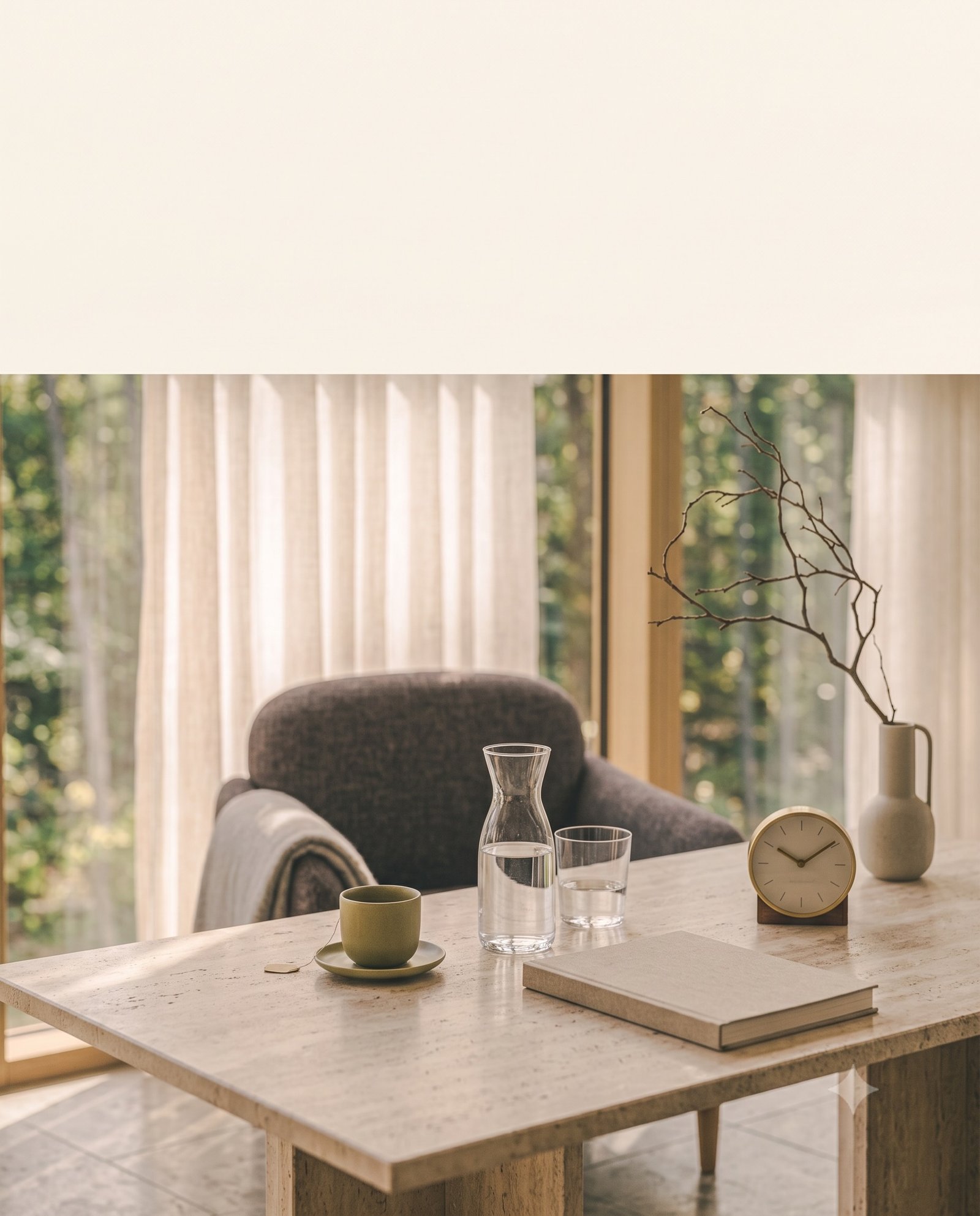 A notebook, tea, water and an analogue clock arranged in a calm private consultation space.