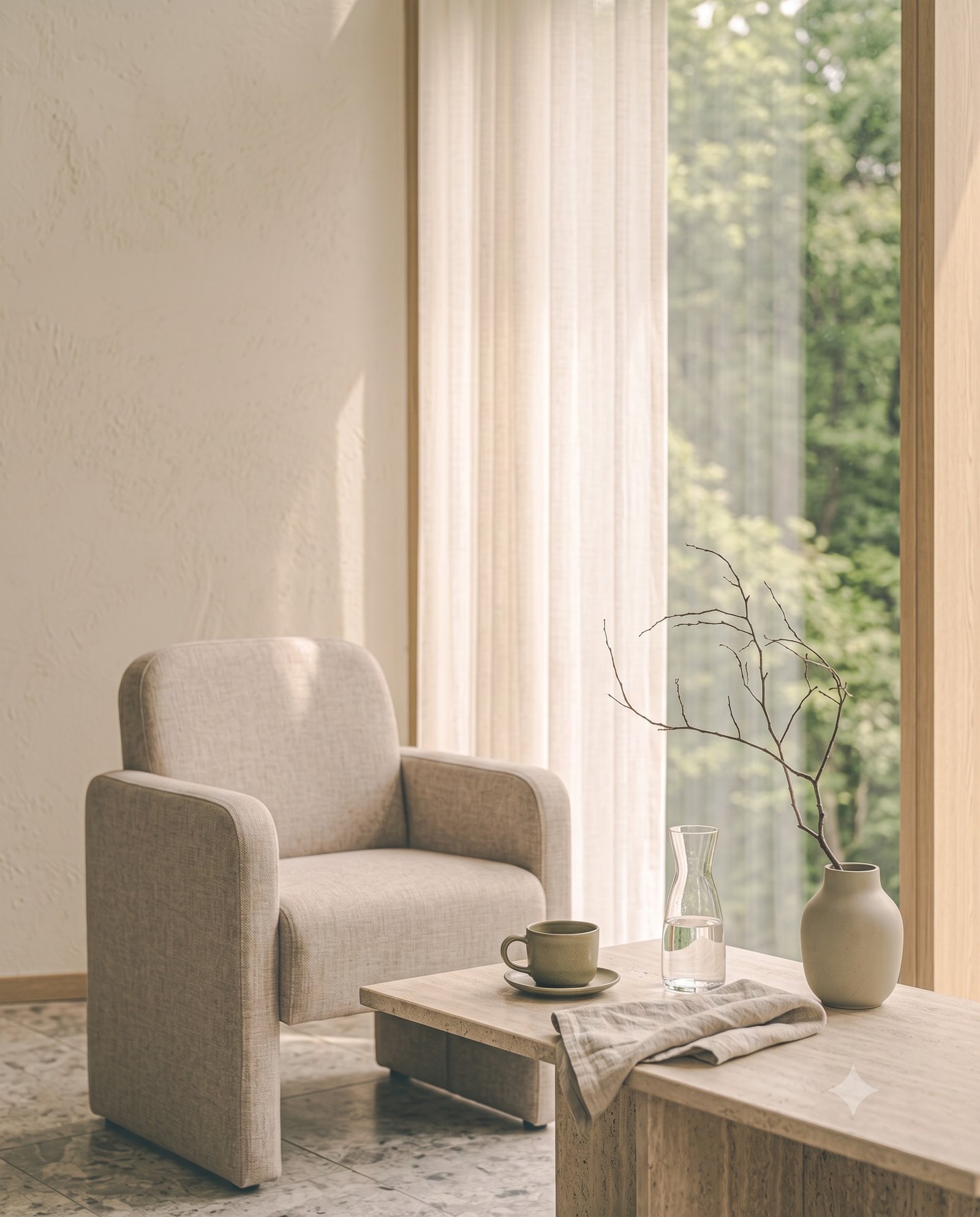 A calm private lounge prepared with tea and water for a return wellbeing consultation.