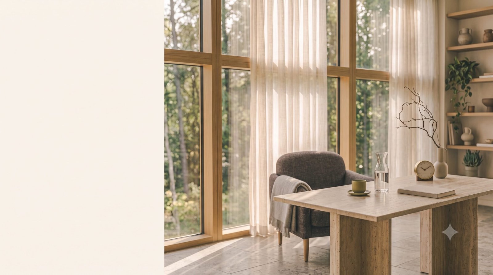 A private wellbeing consultation space with tea, water, a notebook and soft morning light.