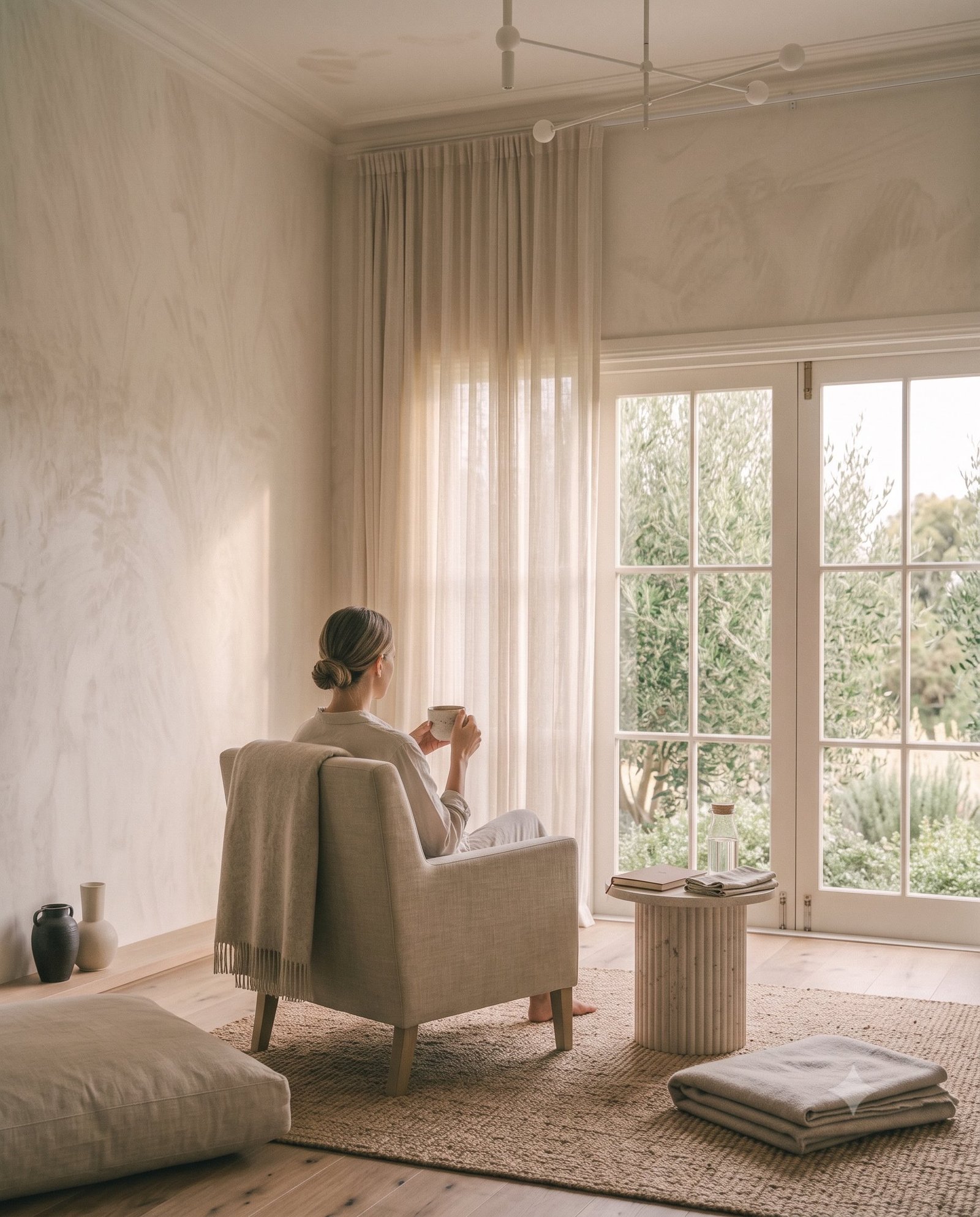 A person enjoying tea beside a window in a calm private wellbeing lounge.