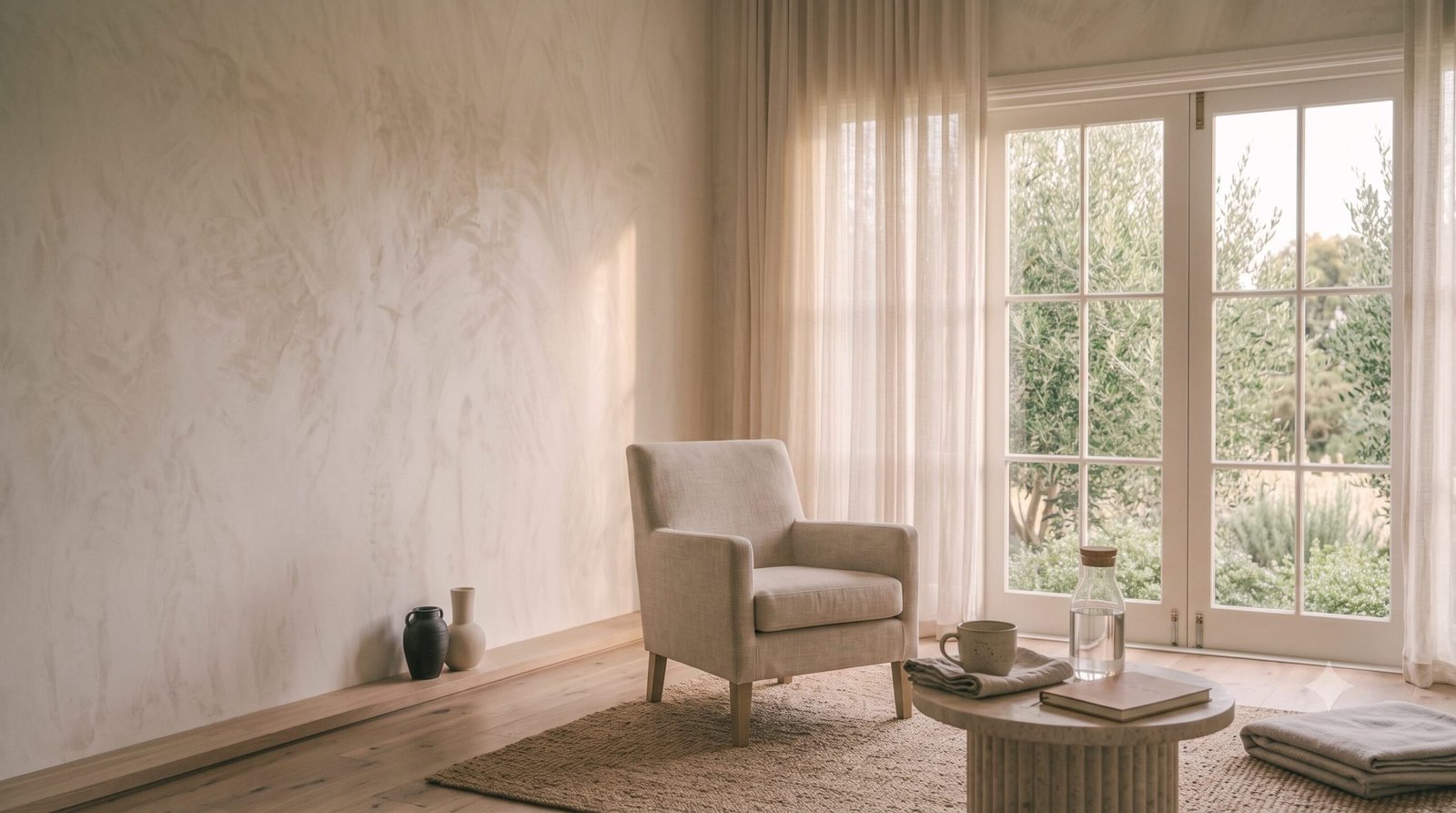Tea, water, linen and a notebook prepared in a quiet private wellbeing lounge.