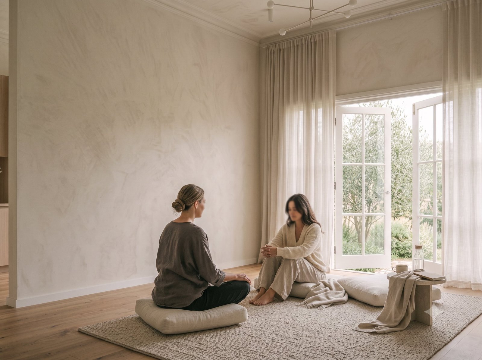Two people seated quietly in a light-filled room for a guided wellbeing practice.