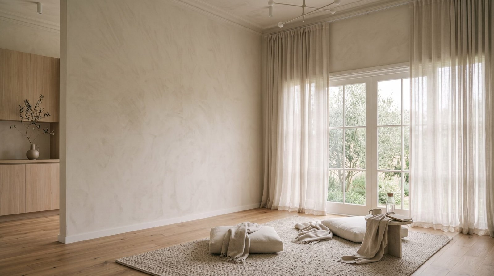 A calm private practice room with linen cushions, tea and soft daylight beside a window.