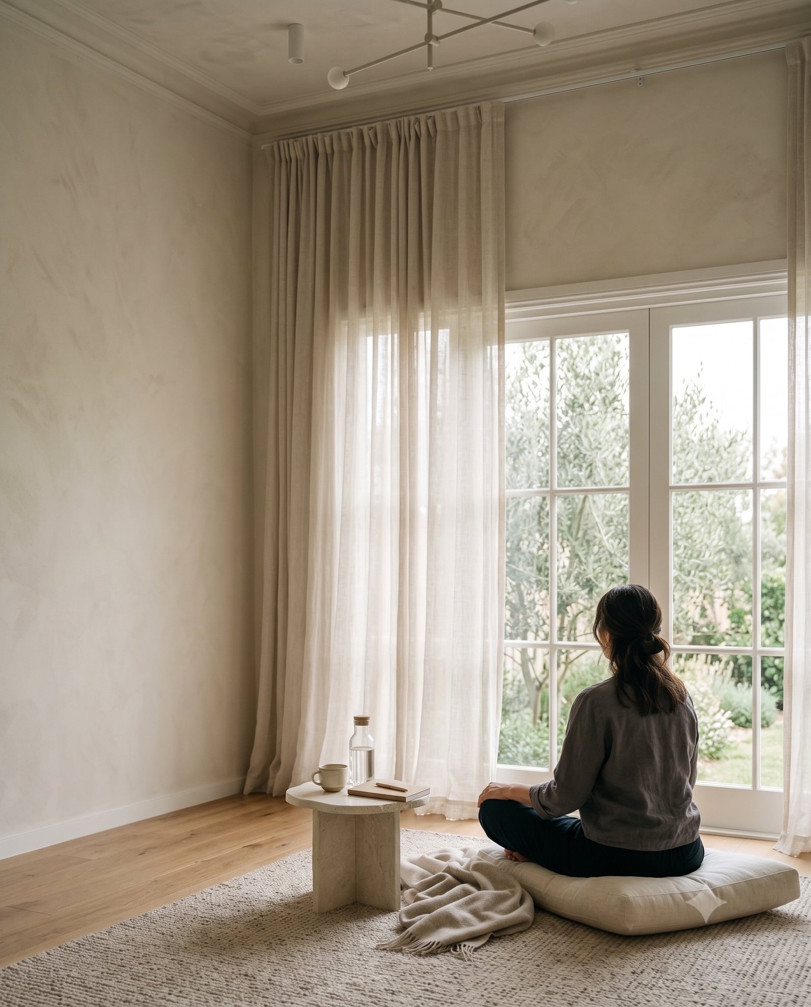 A person seated quietly near a window in a calm private room with tea and water nearby.