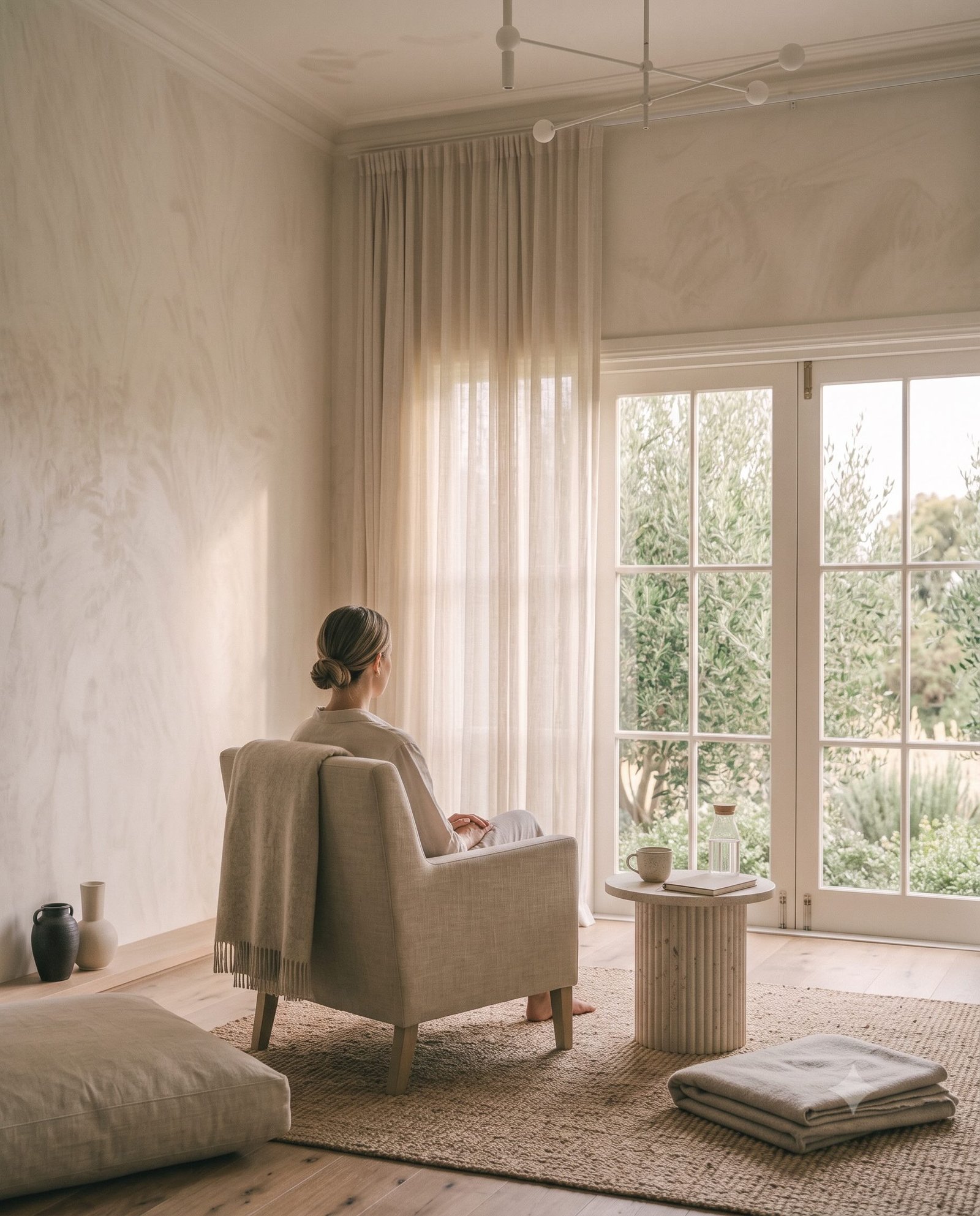 A person reflecting quietly beside a window in a private wellbeing lounge.