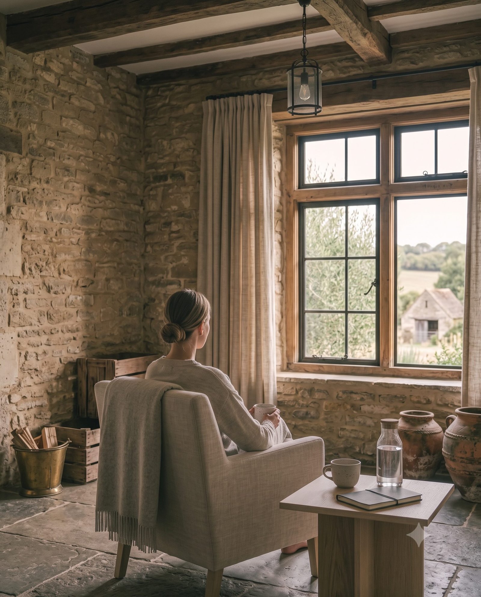 A person sitting quietly beside a window in a calm private wellbeing lounge.