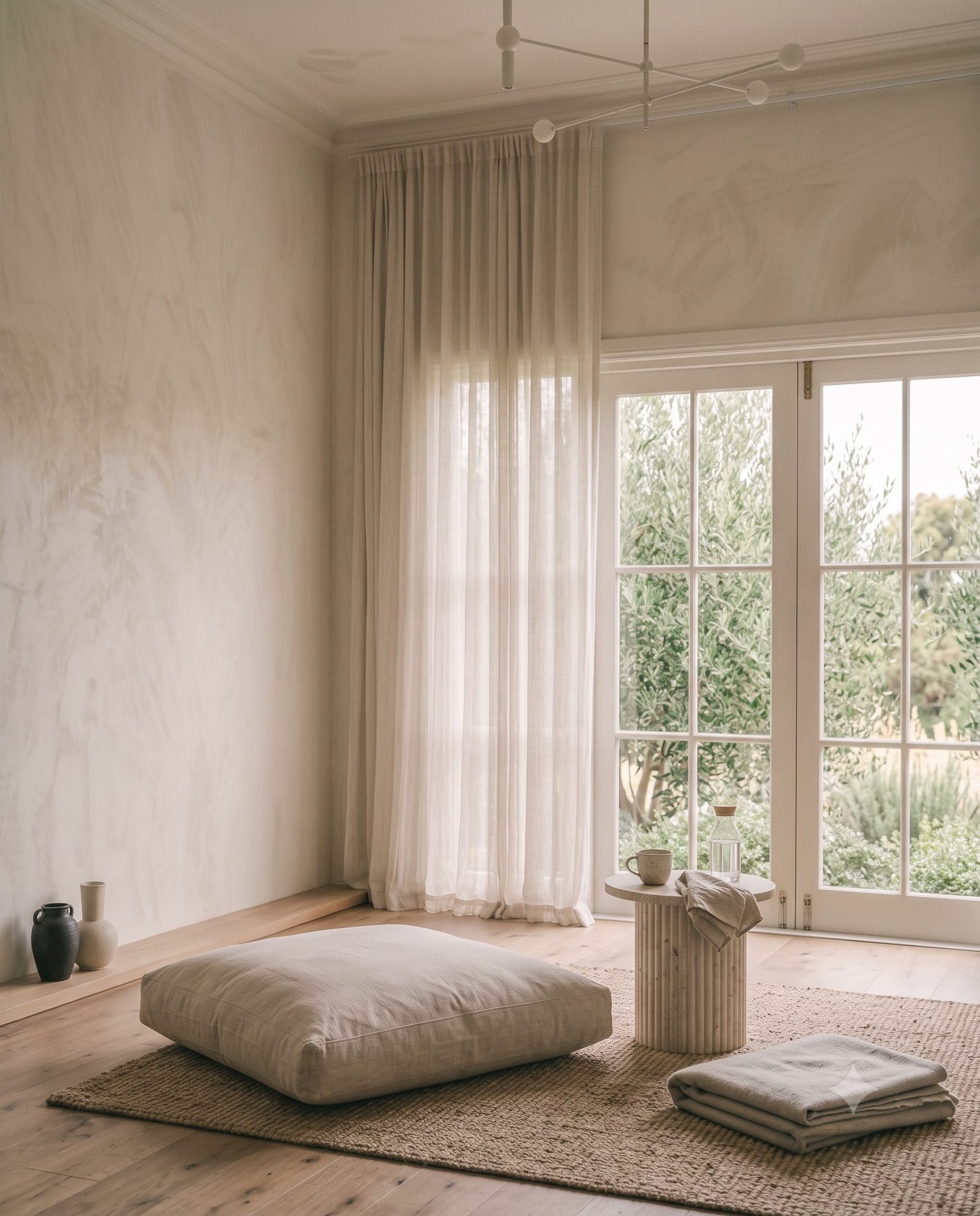 A linen cushion, tea and water prepared beside a window for a quiet wellbeing practice.