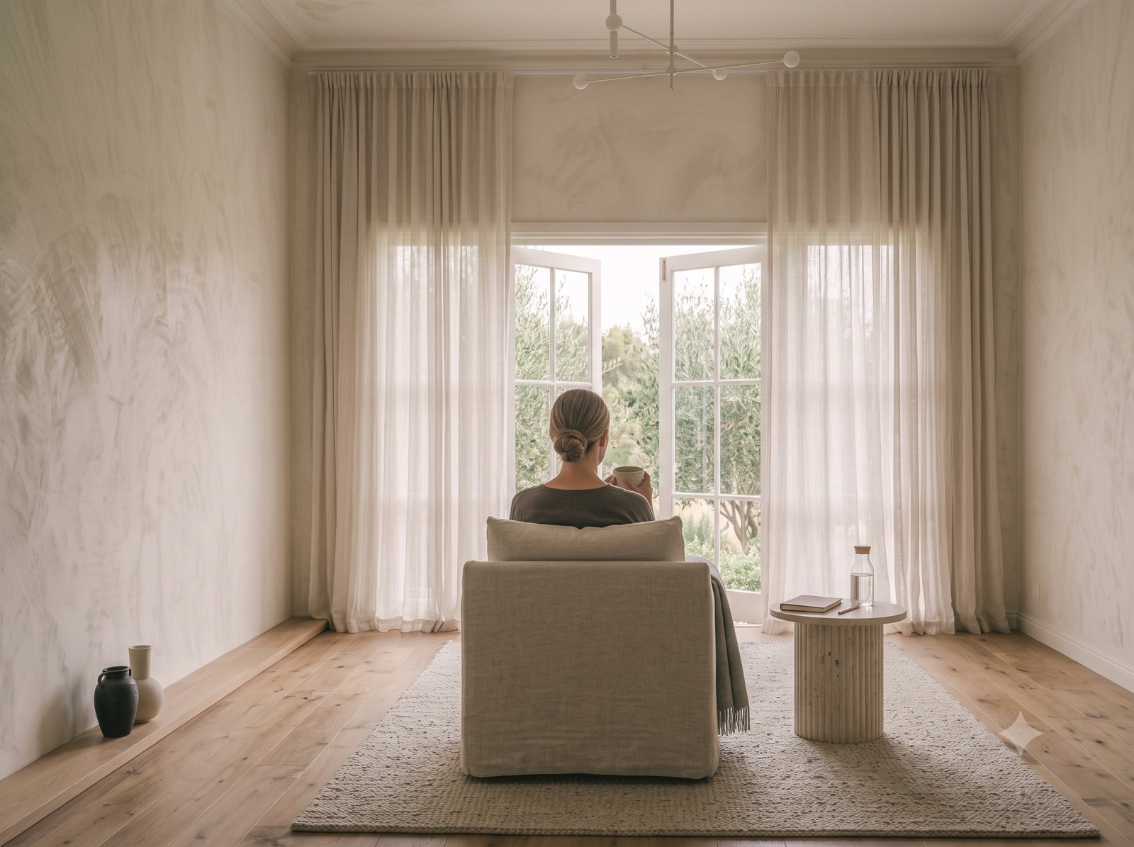 A person enjoying tea beside a window in a quiet morning wellbeing routine.