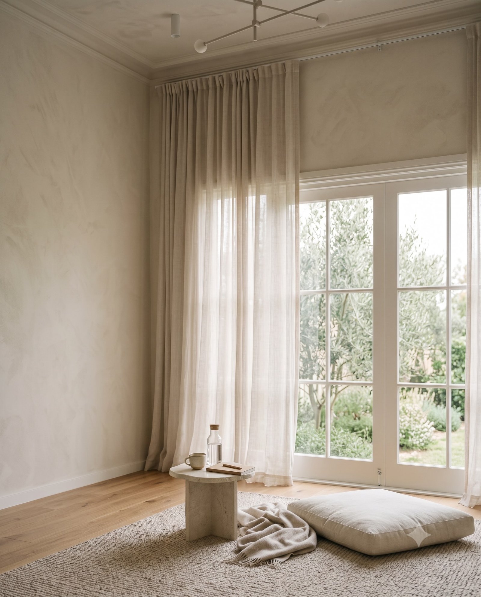 A quiet private practice space with a linen cushion, tea, water and soft window light.