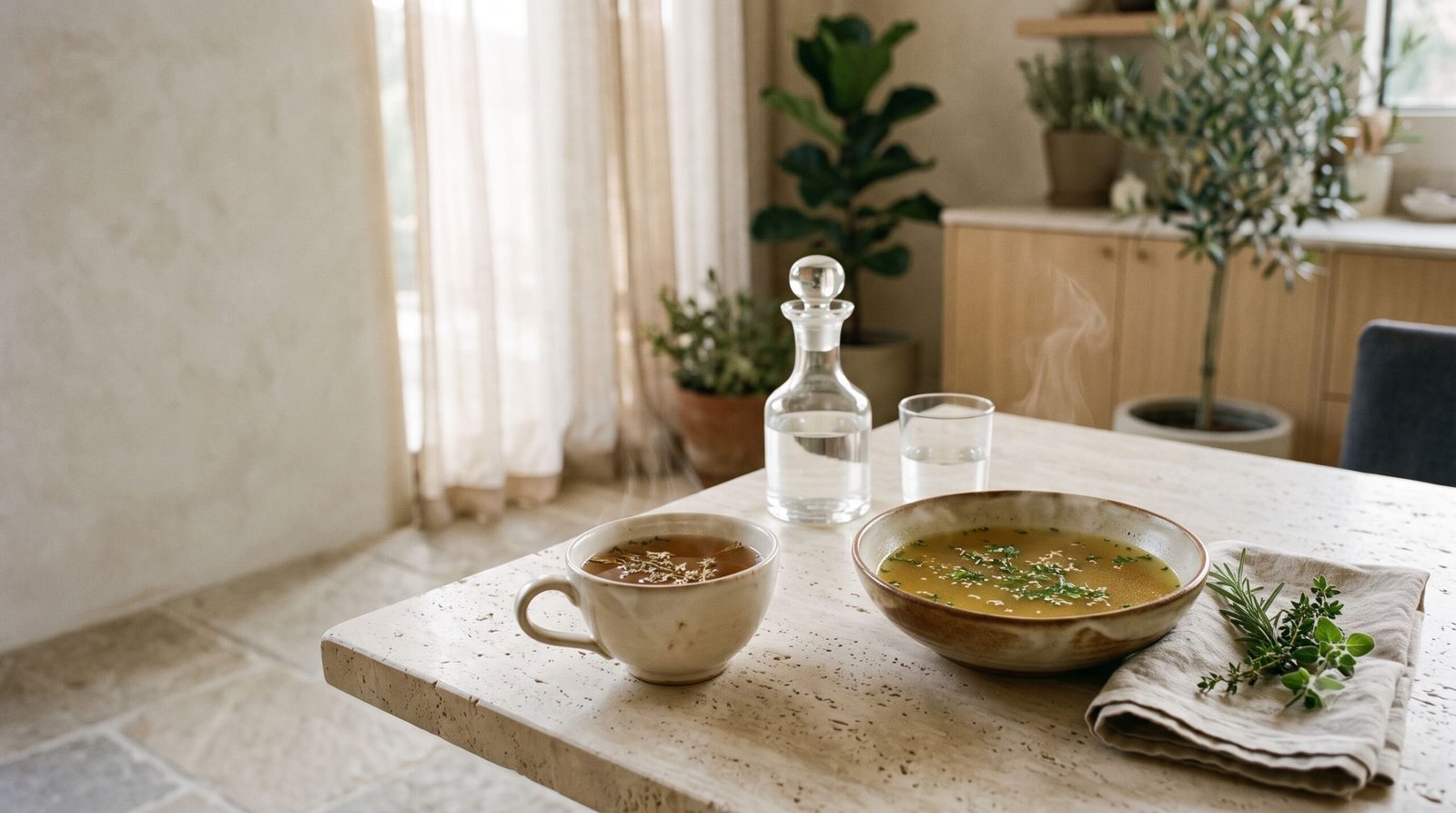 prana-prive-restoratives-concierge-cta Tea, water, linen and a notebook prepared in a quiet private wellbeing lounge.