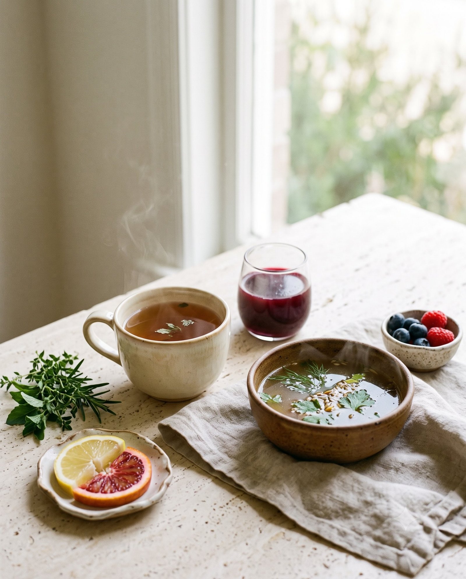 prana-prive-restoratives-hero Herbal tea, a berry elixir, warm broth and seasonal ingredients arranged on a stone table.
