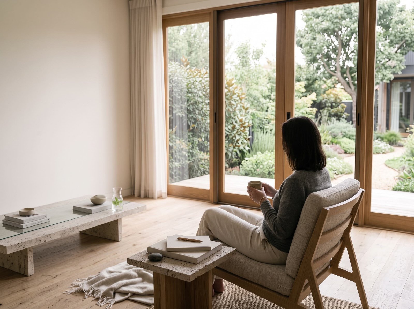 prana-prive-return-with-intention A person enjoying tea in a quiet sunlit lounge, suggesting a restorative ritual to return to.