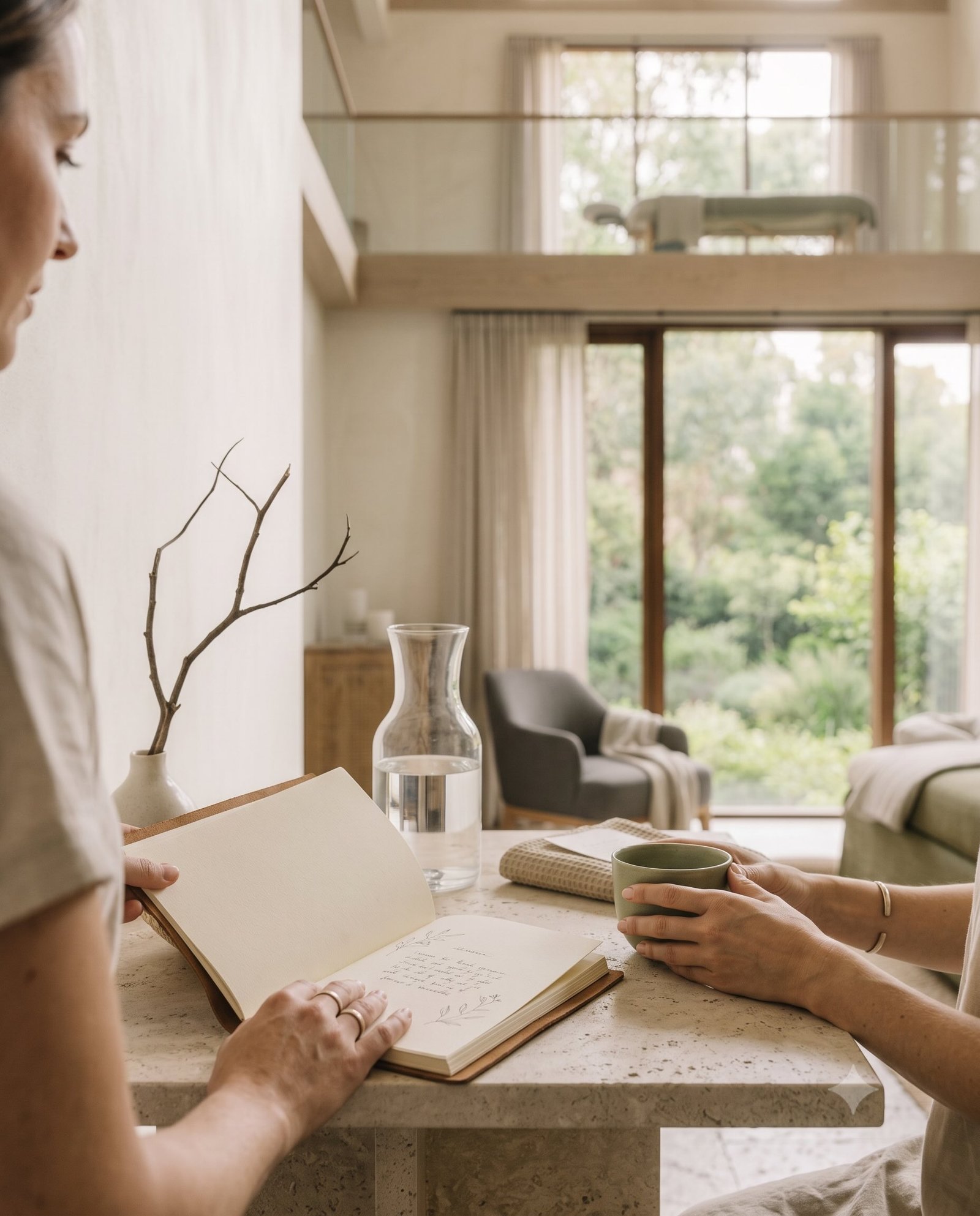 Two people in a private wellbeing consultation with tea, water and an unbranded notebook.