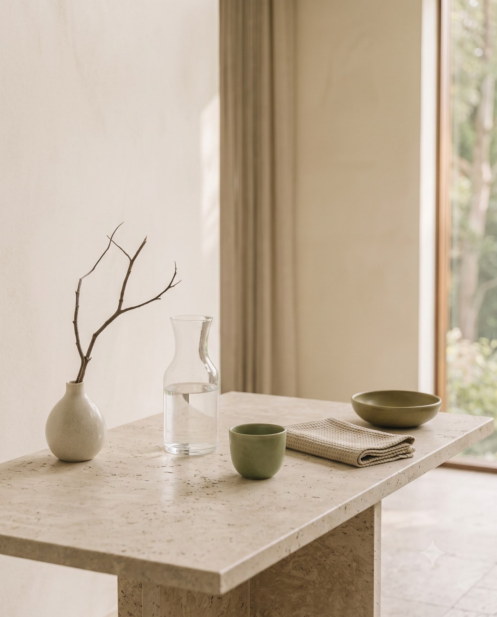 Water, tea and linen arranged in sequence on a stone surface for a private wellness ritual.