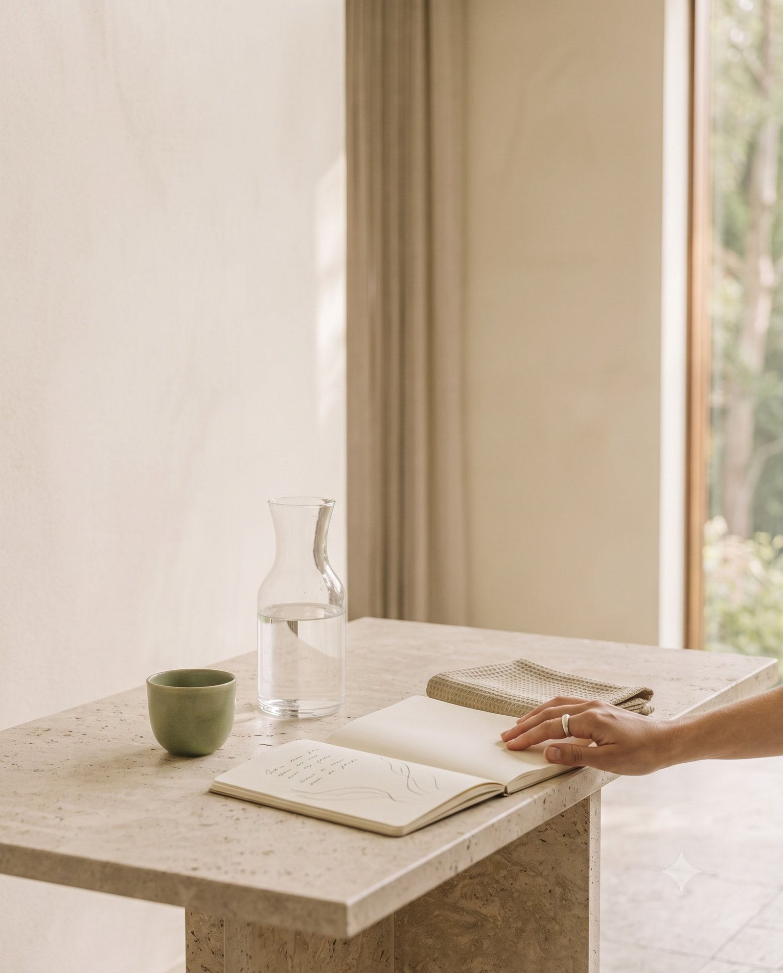 A hand closing a notebook beside tea and water after a quiet wellbeing reflection.