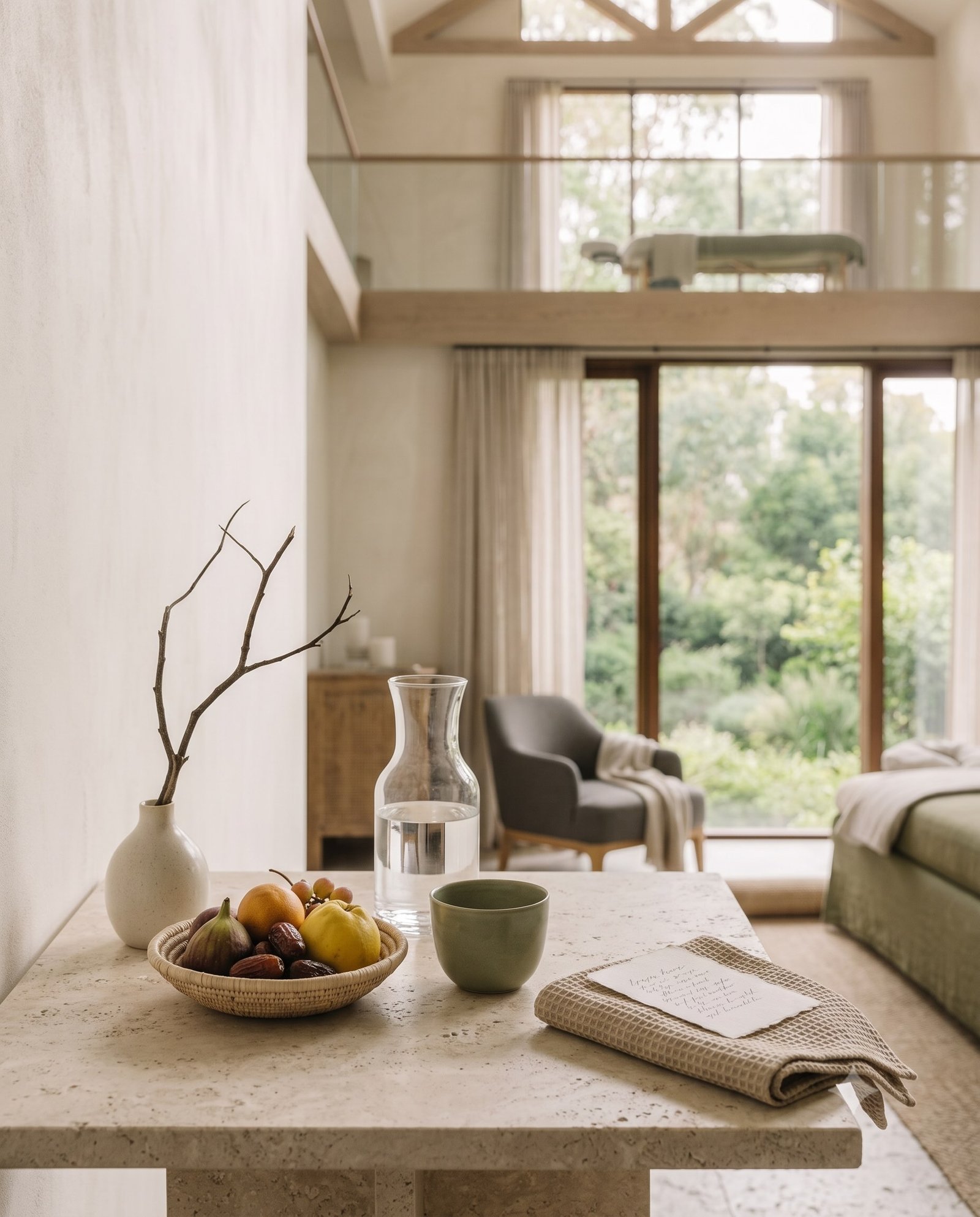 Tea, water, linen and seasonal fruit arranged for a considered private wellbeing ritual.