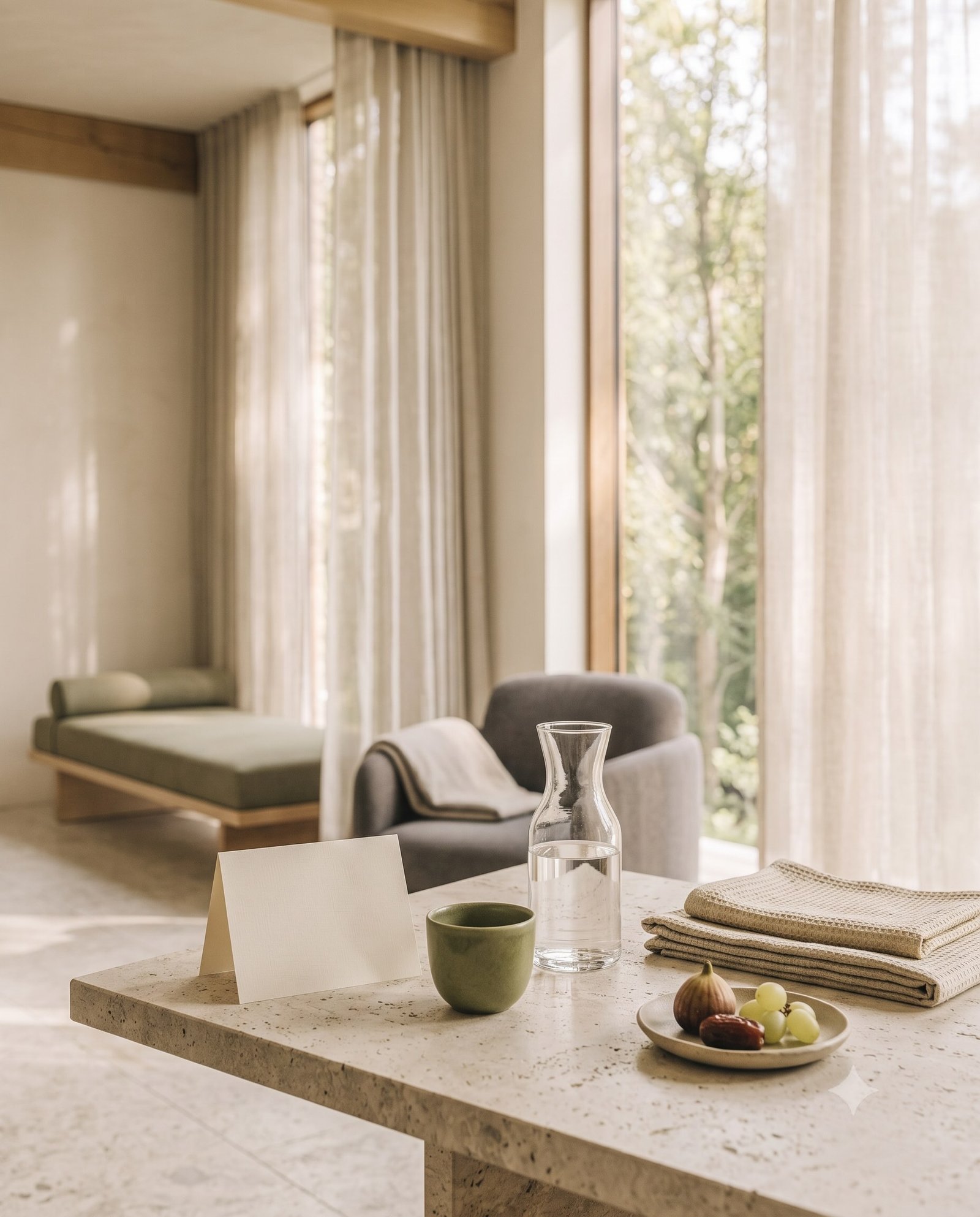 Tea, water and linen prepared on a stone table in a softly lit private wellness suite.
