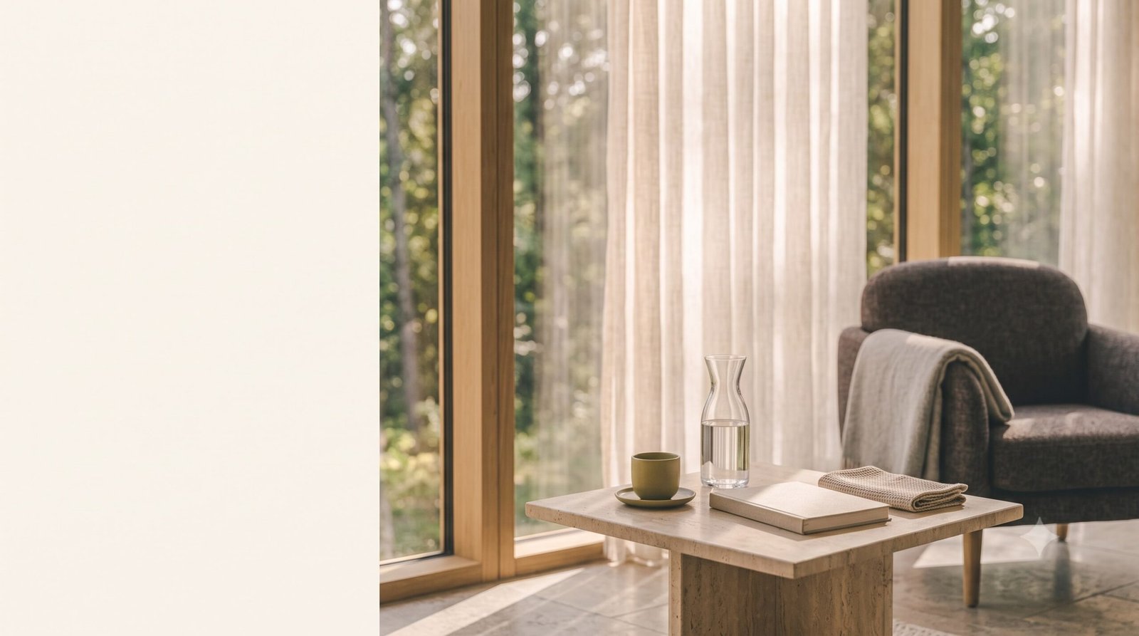 Tea, water, linen and a notebook prepared beside a softly lit window in a private wellness lounge.