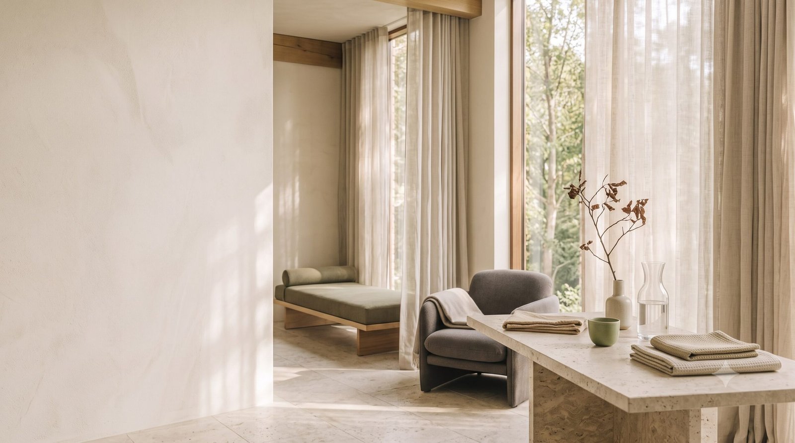 A quiet private wellness suite with tea, linen and layered spaces for rest and reflection.