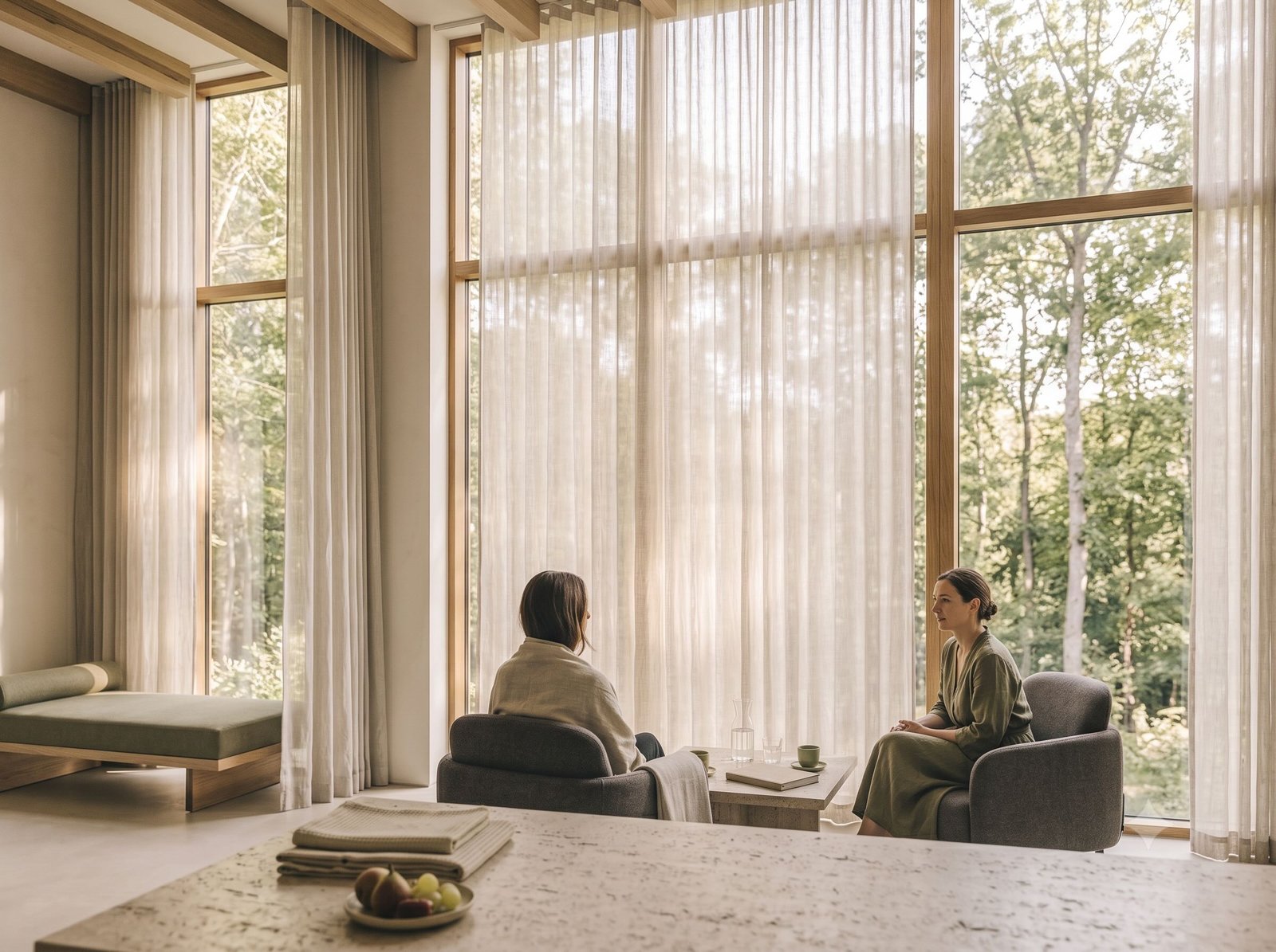 Two people having a private wellbeing consultation in a calm, light-filled lounge.