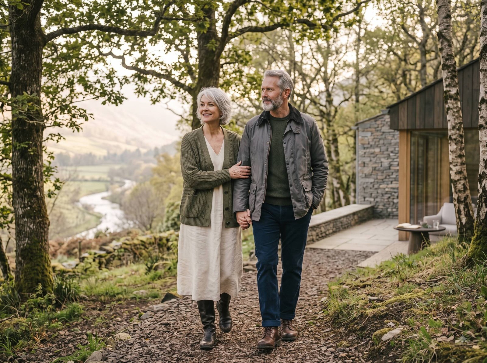 Mature couple walking through a private woodland retreat