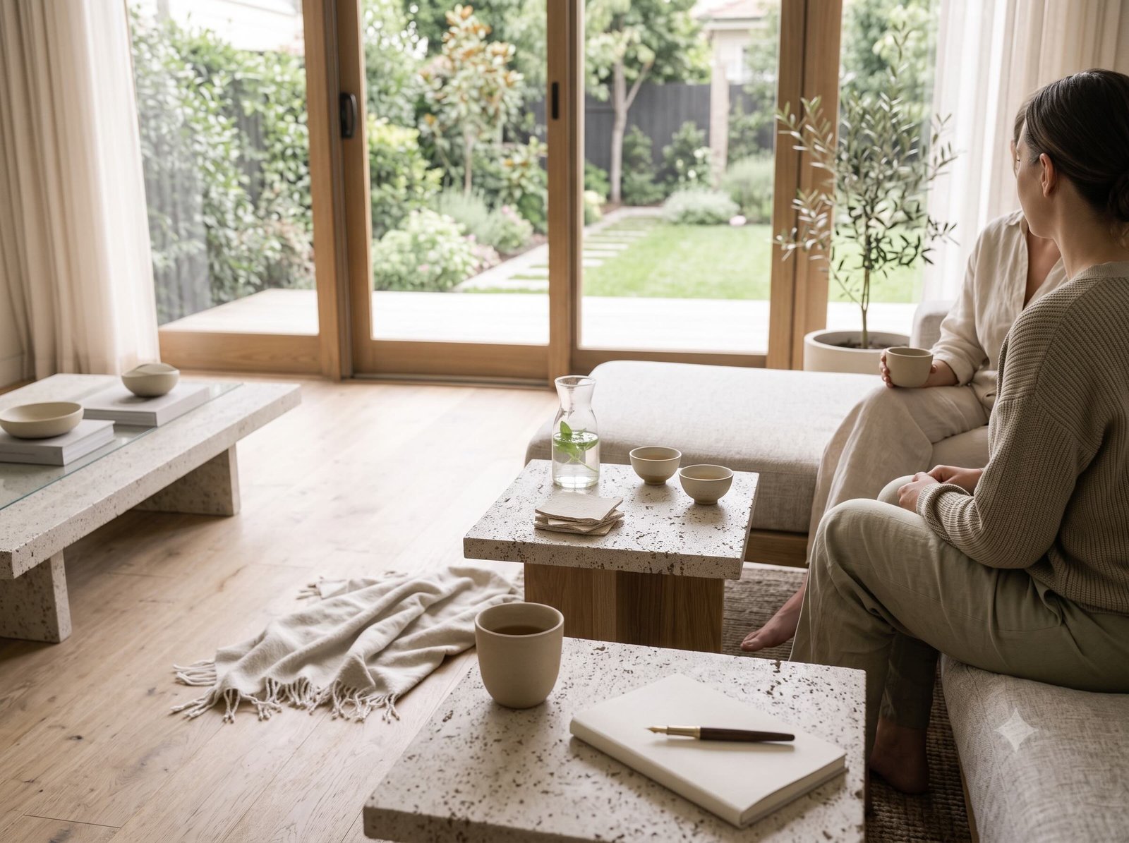 prana-prive-stay-intently-connected Two people in a calm private lounge, sharing a quiet wellbeing conversation.