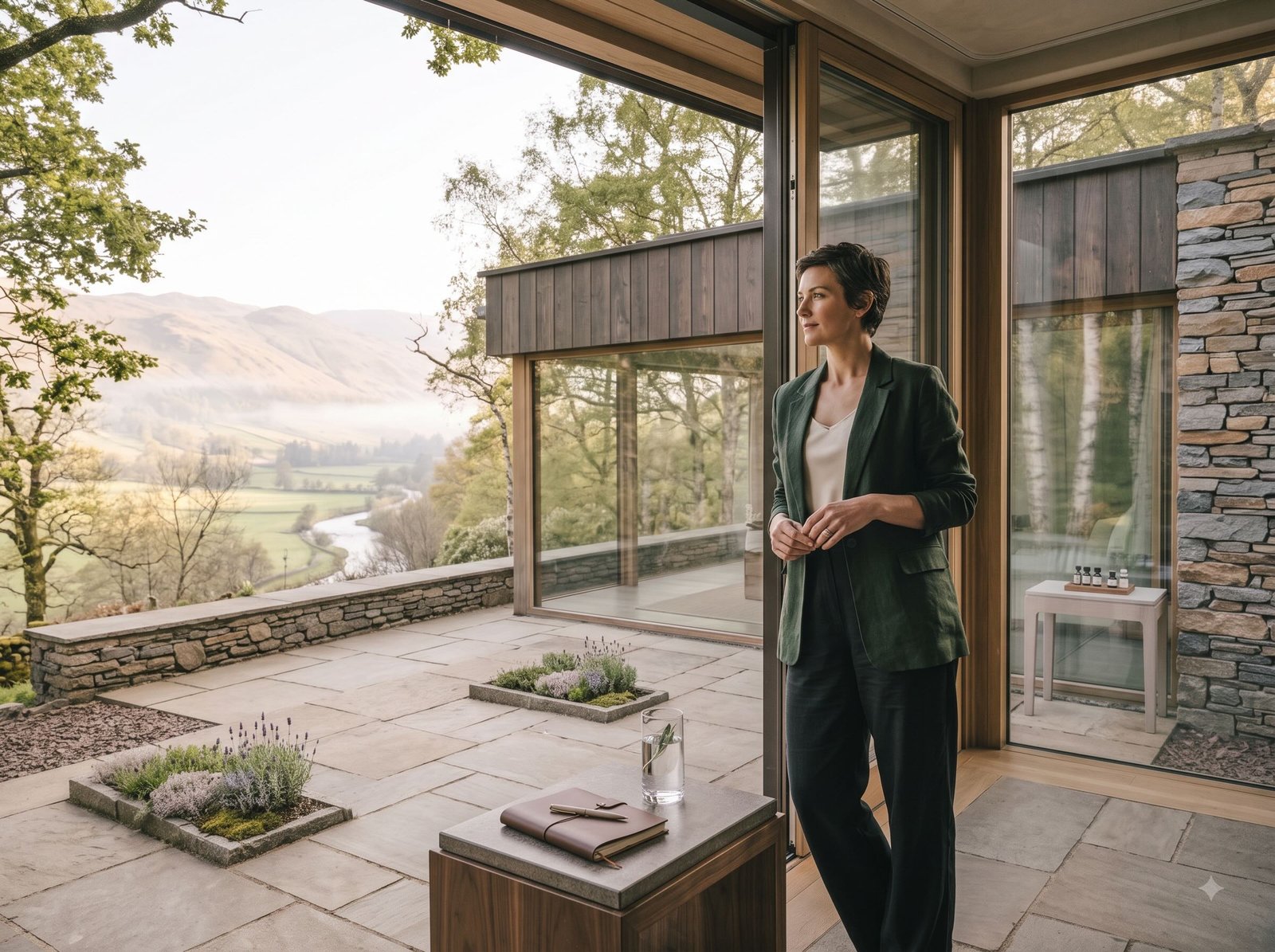 Executive beginning a focused morning ritual in a private wellness retreat