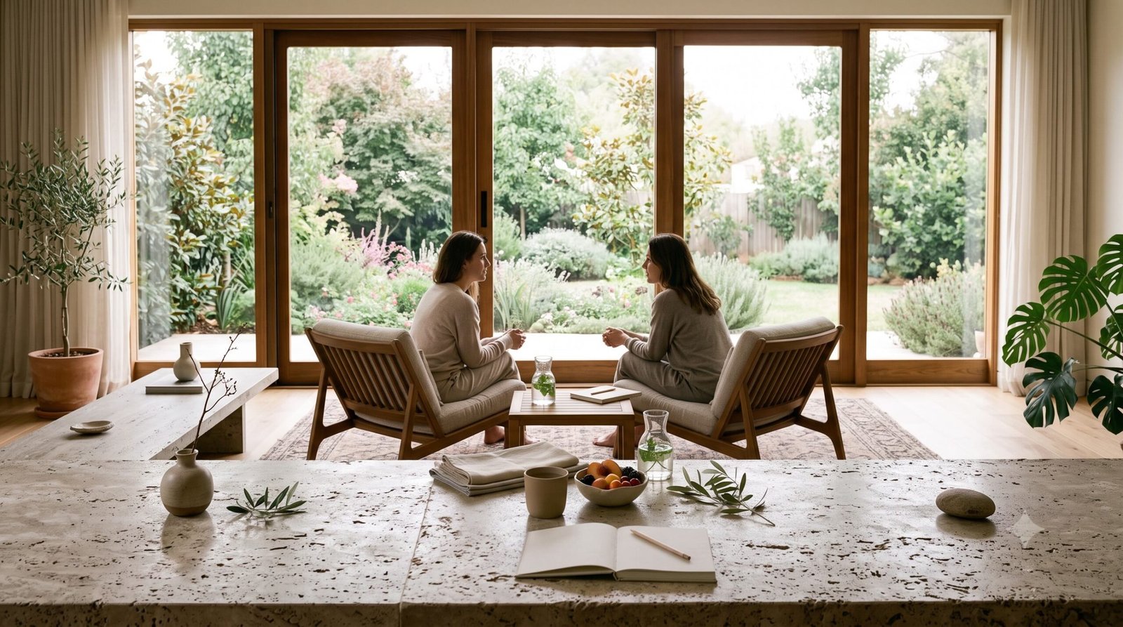 private-weelbeing-consultation A private wellbeing consultation in a calm, light-filled lounge.