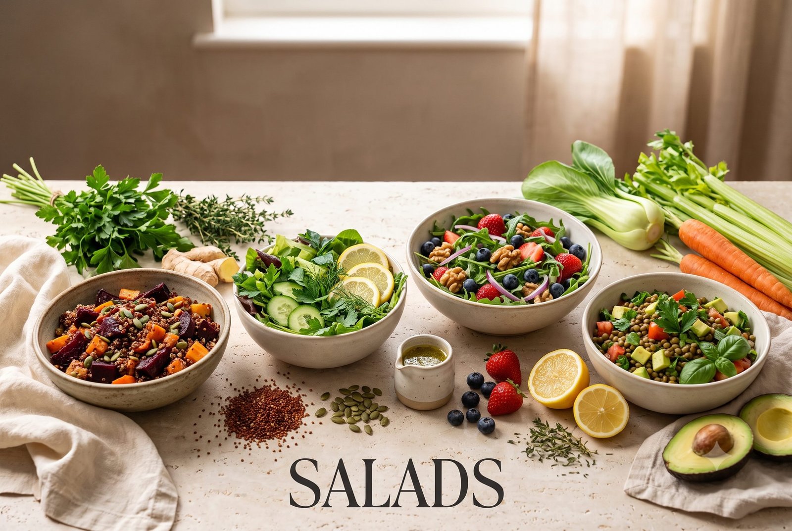 Category hero image featuring colourful nourishing salads with leafy greens, roasted vegetables, quinoa, berries, lentils, avocado, herbs, seeds, and lemon arranged in ceramic and stoneware bowls.
