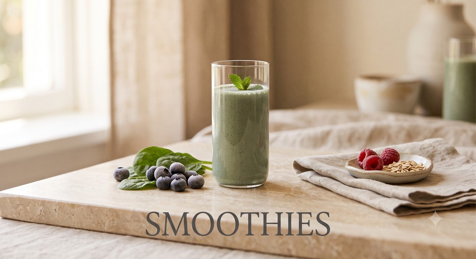 One elegant smoothie glass in muted natural colors on a clean table with simple ingredients, featuring the word ‘Smoothies’ in serif text centered near the bottom.