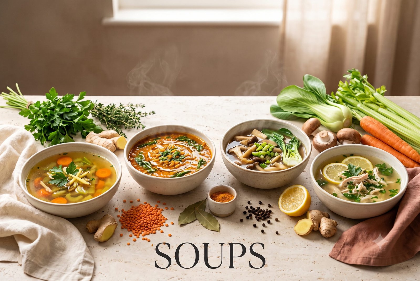 Category hero image featuring assorted nourishing soups in ceramic bowls, including golden vegetable broth, lentil and spinach soup, mushroom miso broth, and chicken herb broth, surrounded by fresh vegetables, herbs, mushrooms, ginger, lemon, and spices.