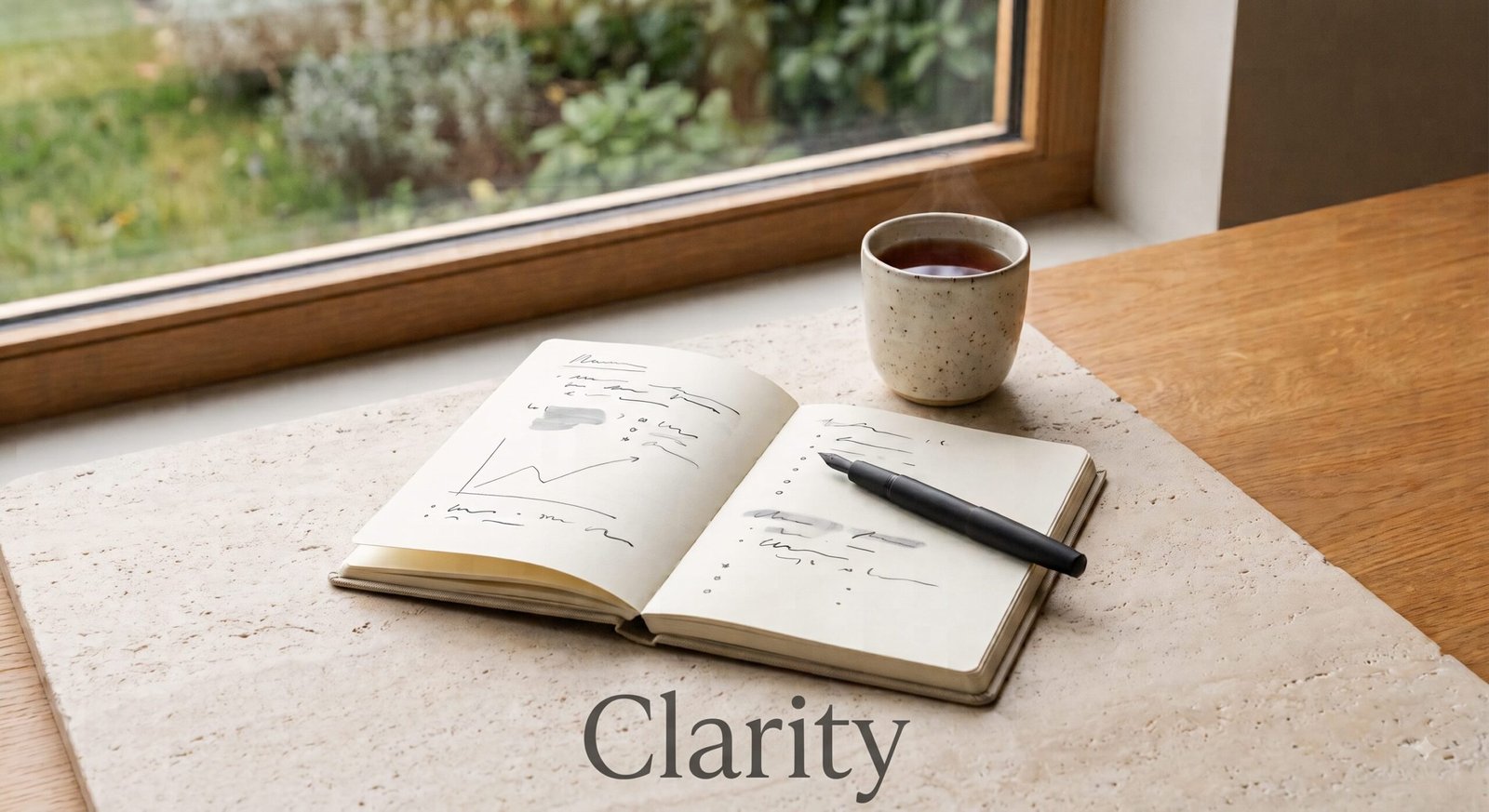 sovereign-healthspan-clarity-focus An open notebook, pen, and ceramic cup beside a sunlit window, representing focus and clear thinking.