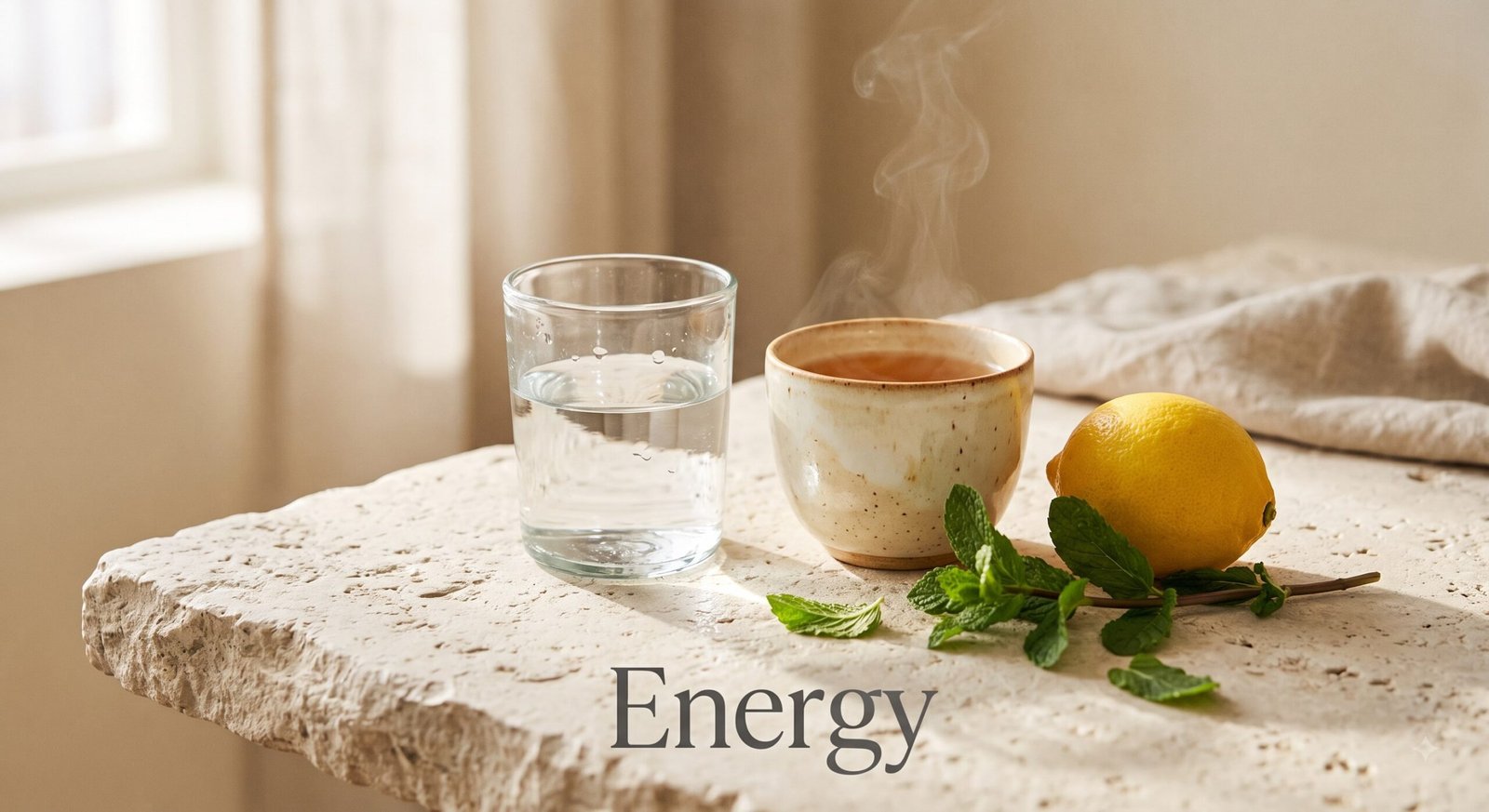 sovereign-healthspan-energy-foundation Herbal tea, water, lemon, and fresh mint in soft morning light, representing steady everyday energy.