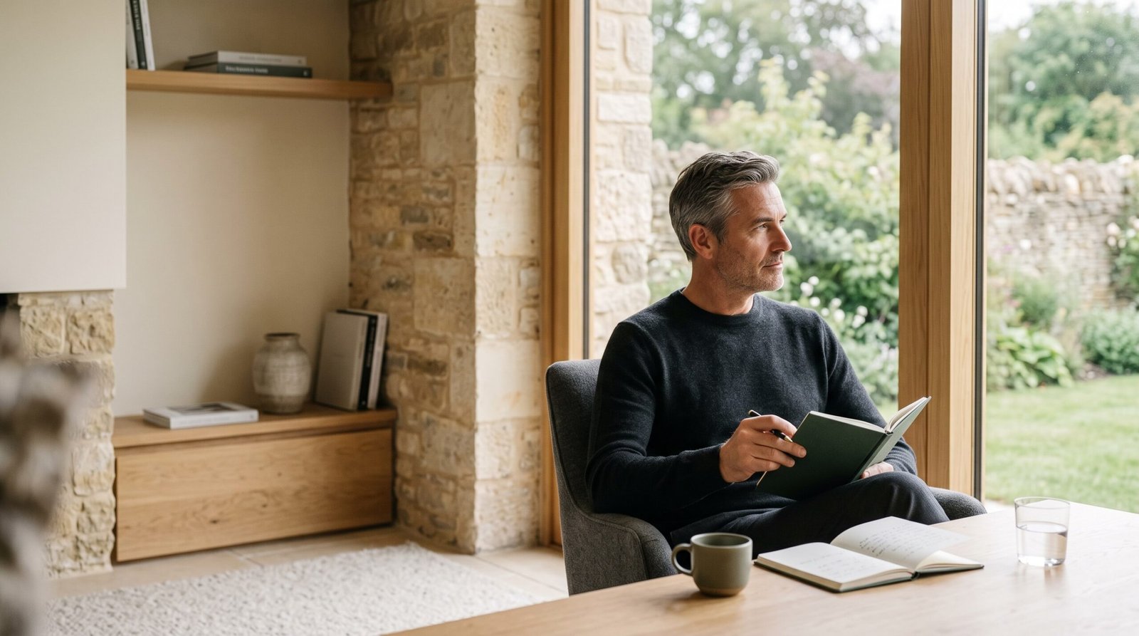 sovereign-healthspan-private-longevity-hero A composed professional sits beside a window in a refined private workspace, representing a discreet long-term approach to energy, clarity, and longevity.