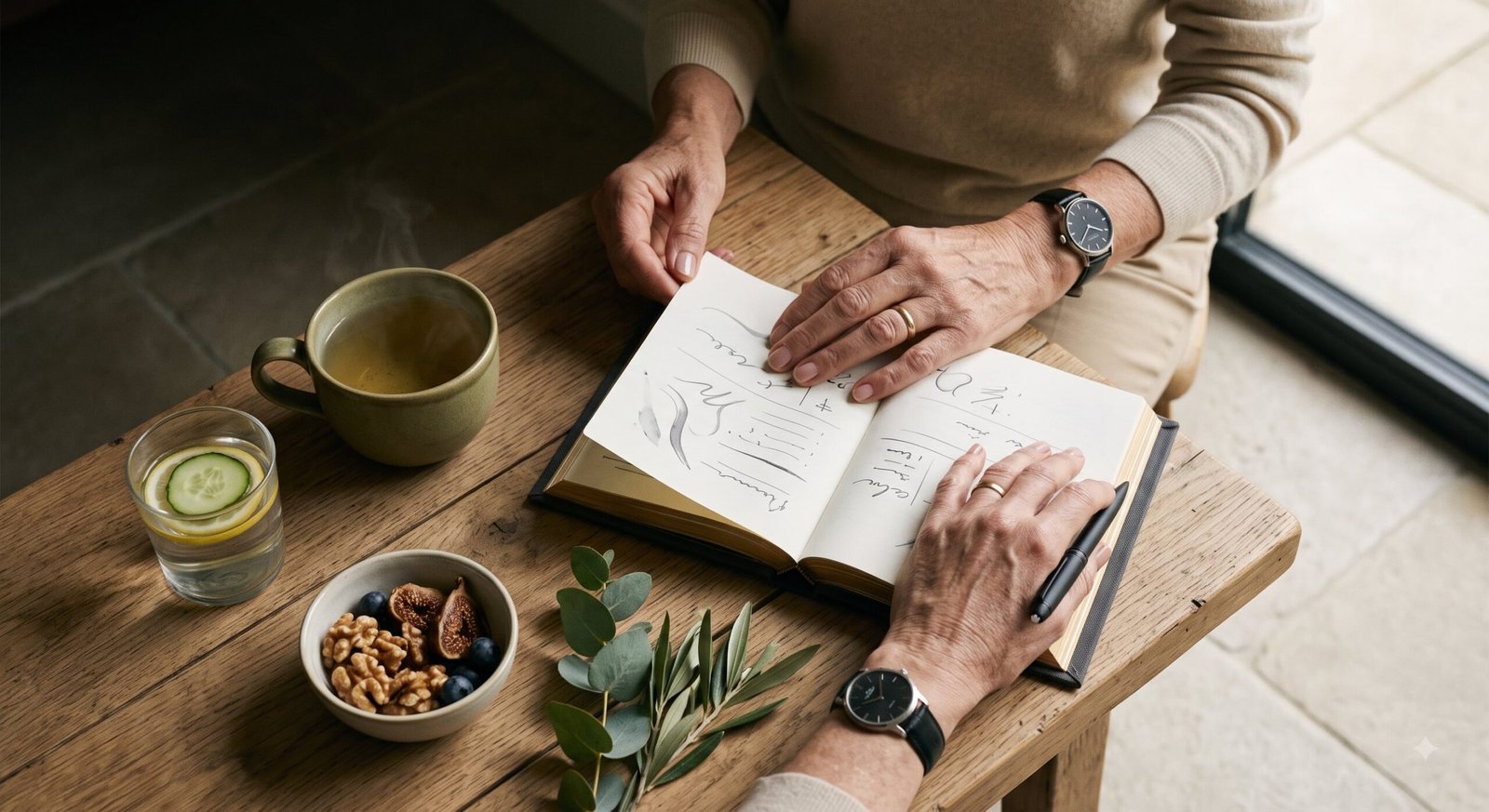 sovereign-healthspan-private-longevity-planning A private longevity planning table with an open notebook, tea, water, fruit, and a hand turning a page in soft natural light.