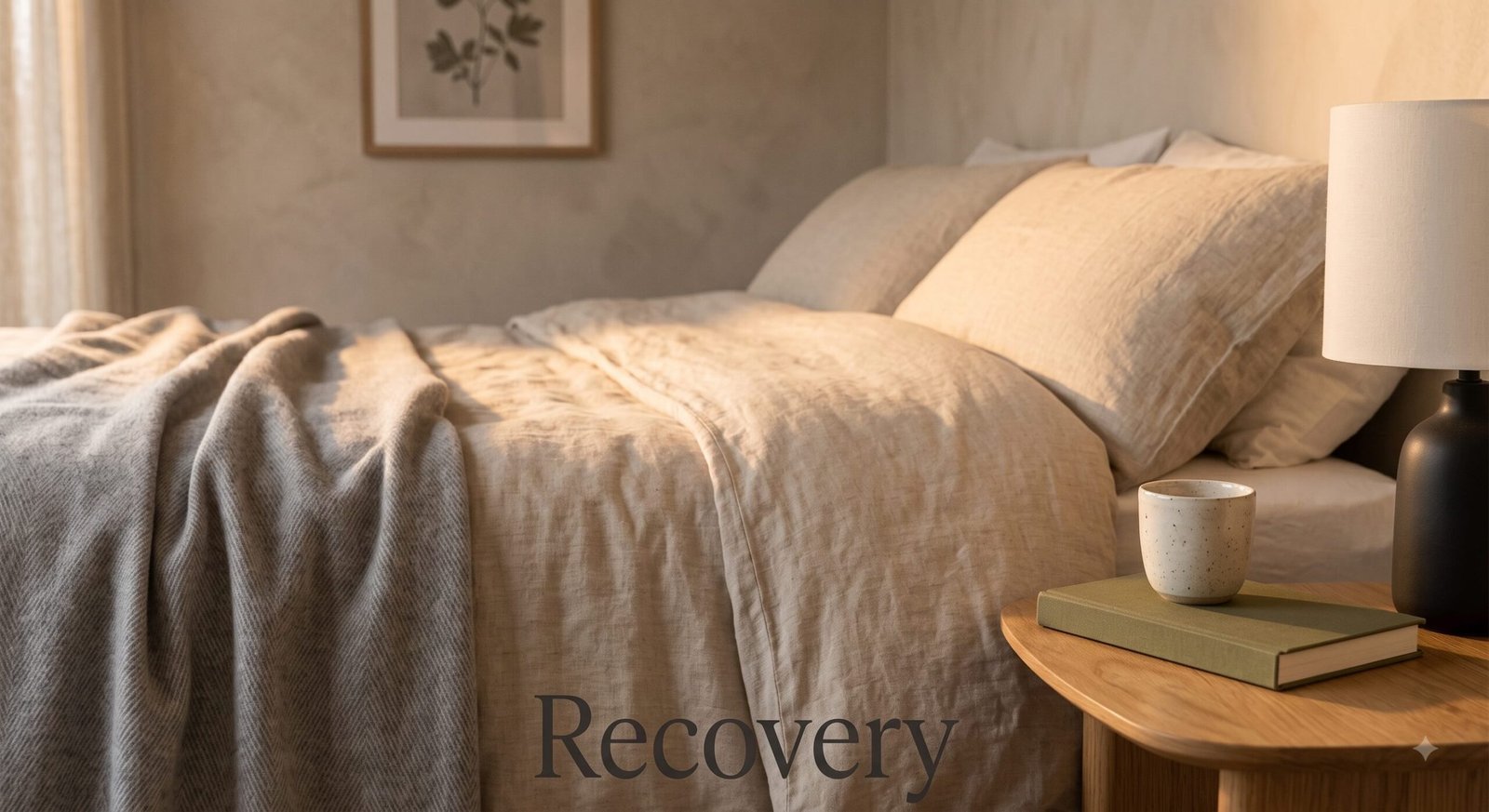 sovereign-healthspan-recovery-rhythm A calm linen bed in warm evening light with a book and glass of water nearby, representing restorative recovery.