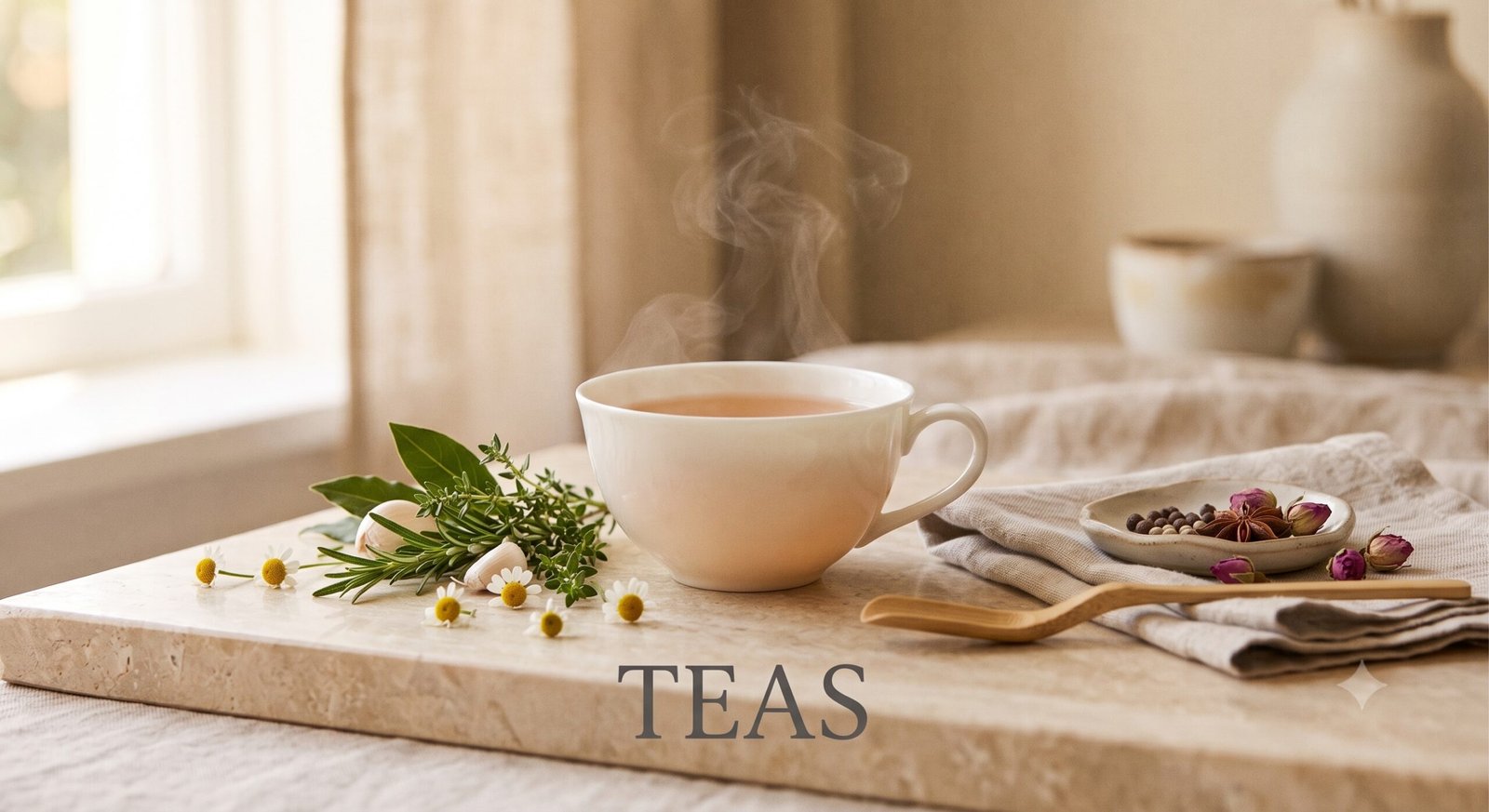 Porcelain or clear teacup filled with amber tea on a linen cloth with loose tea leaves beside it, with the word ‘Teas’ in graceful serif text centered near the bottom.