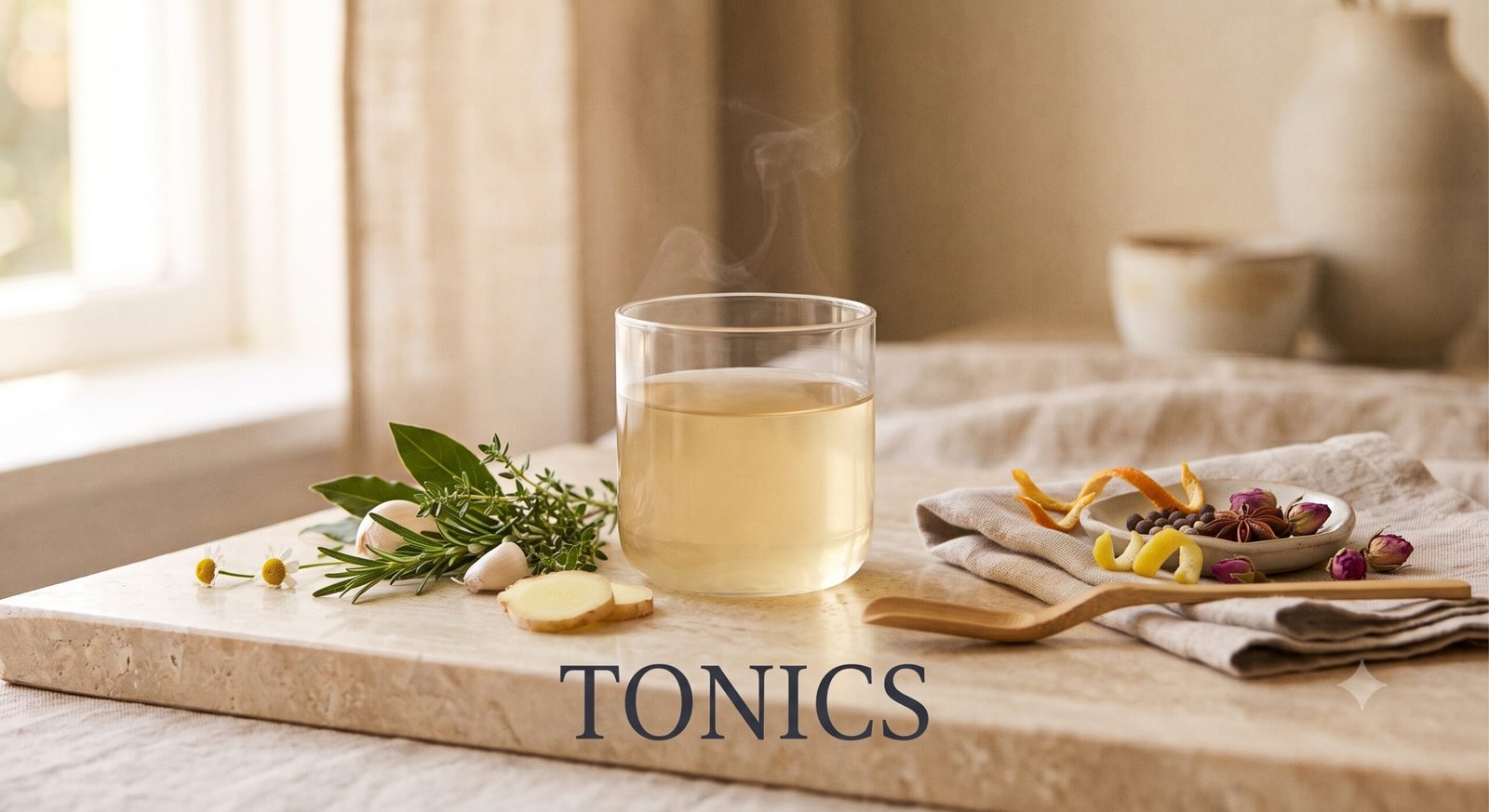 Small glass of pale golden tonic on a minimalist stone surface with subtle ginger or citrus elements, and the word ‘Tonics’ in refined serif text at the bottom.